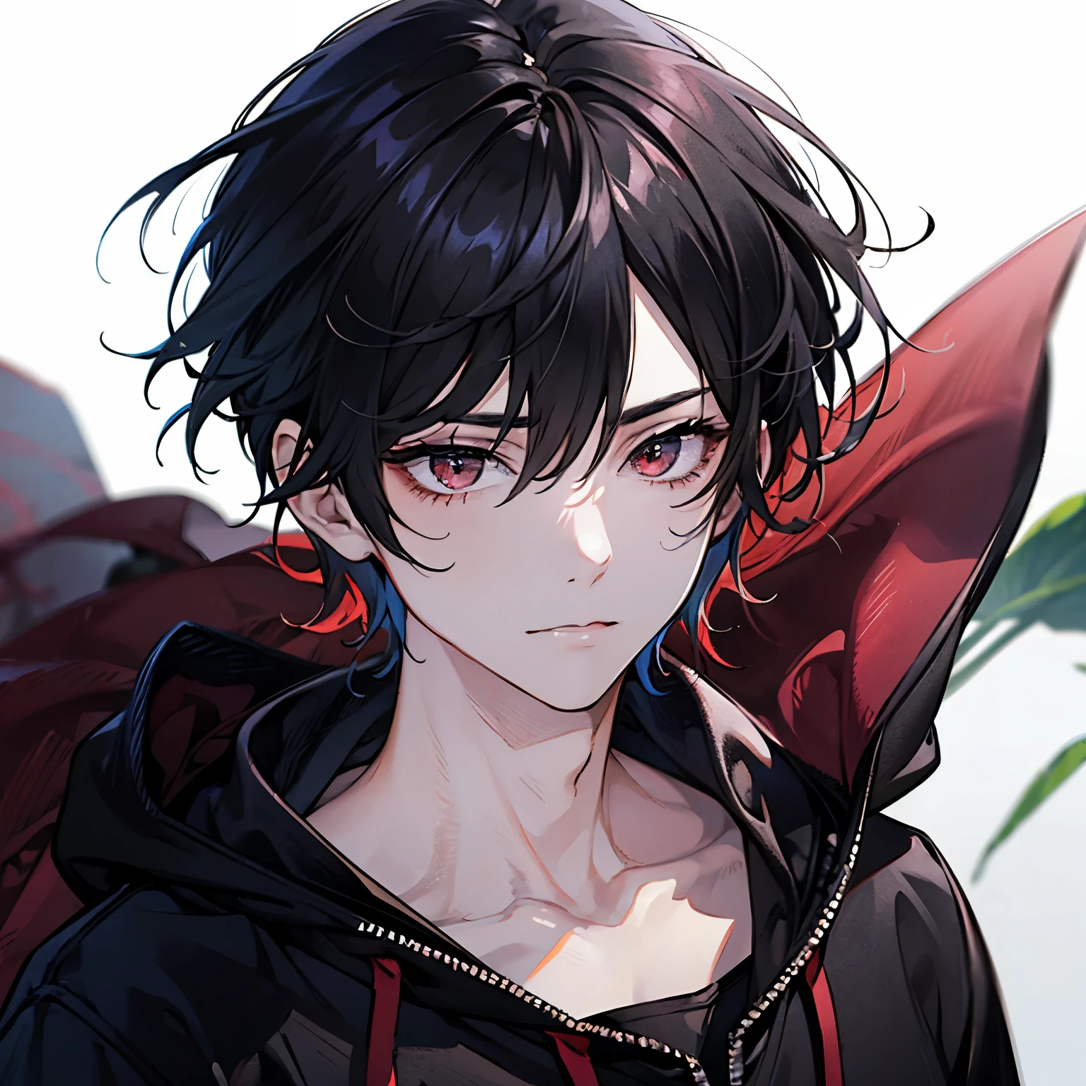 a boy with black hair and red eyes. messy hair. staring blankly. wearing a black hoodie. (Close-up:1.1)