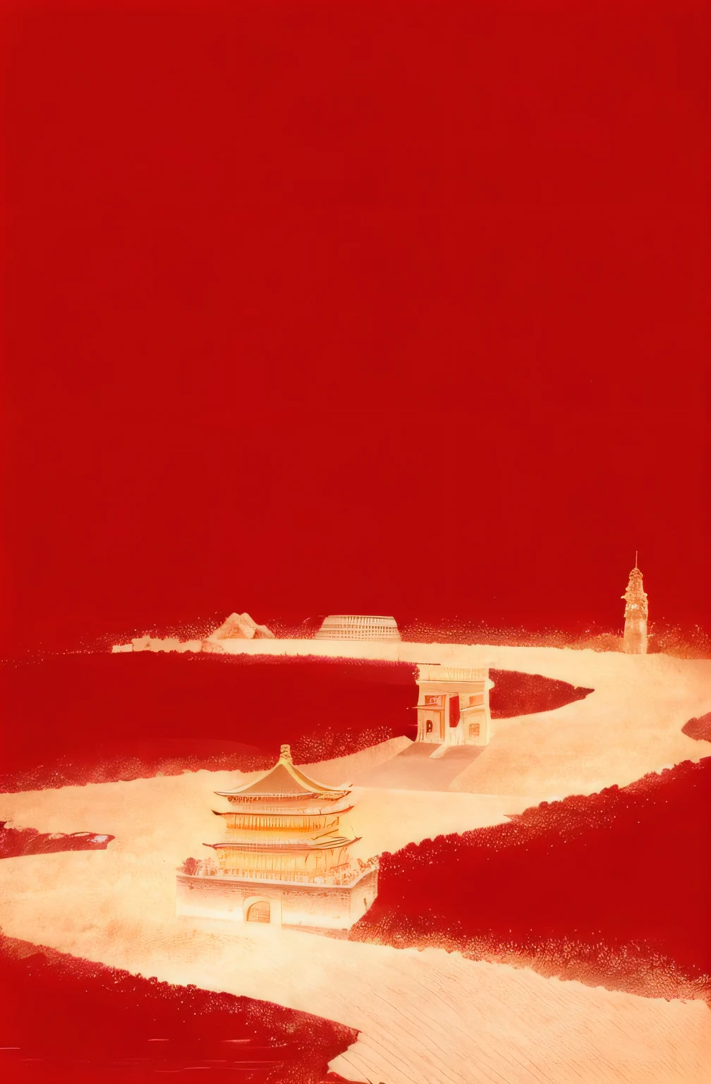 painting of a landscape existith a pagoda and a river in the foreground, Granular risograph matte, Beijing, Beautiful renderings of the Tang Dynasty, Chinese Dream, square, by Li Tiefu, 'Red Castle, Forbidden City, artexistork in the style of z.exist. arrive, 受arrive王毅的启发
