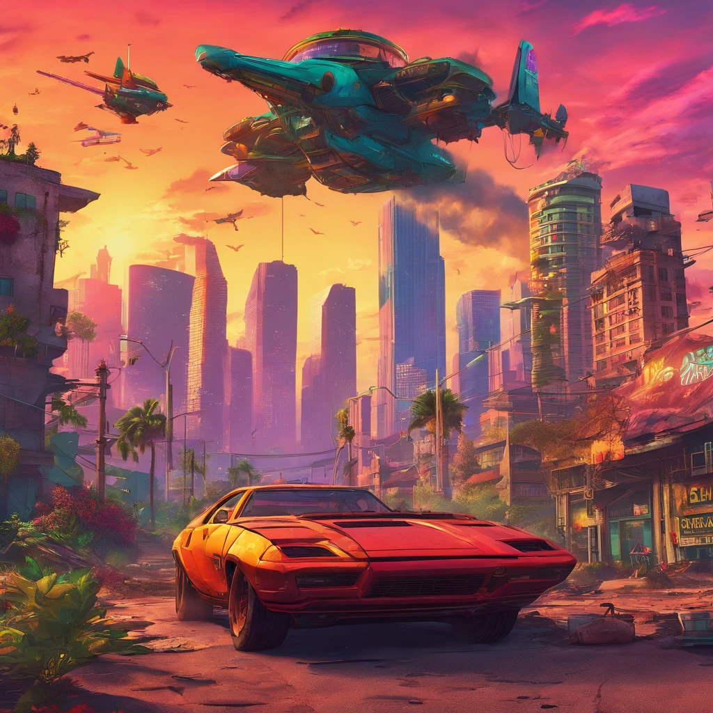 (colorful, bright, vivid, intense),(best quality, highres),(sci-fi, fantasy),(detailed landscapes, destroyed cities, futuristic technology, abandoned buildings, overgrown nature),(apocalyptic wasteland, cyberpunk world, advanced civilizations),(dramatic lighting, neon lights),(deserted streets, towering skyscrapers, lush forests),(human survivors, mysterious creatures),(superhuman abilities, flying vehicles),(epic battles, exploration of unknown territories)