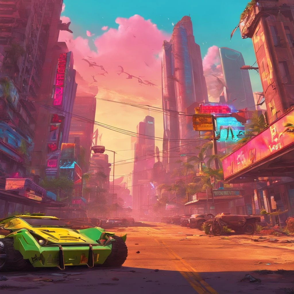 (colorful, bright, vivid, intense),(best quality, highres),(sci-fi, fantasy),(detailed landscapes, destroyed cities, futuristic technology, abandoned buildings, overgrown nature),(apocalyptic wasteland, cyberpunk world, advanced civilizations),(dramatic lighting, neon lights),(deserted streets, towering skyscrapers, lush forests),(human survivors, mysterious creatures),(superhuman abilities, flying vehicles),(epic battles, exploration of unknown territories)