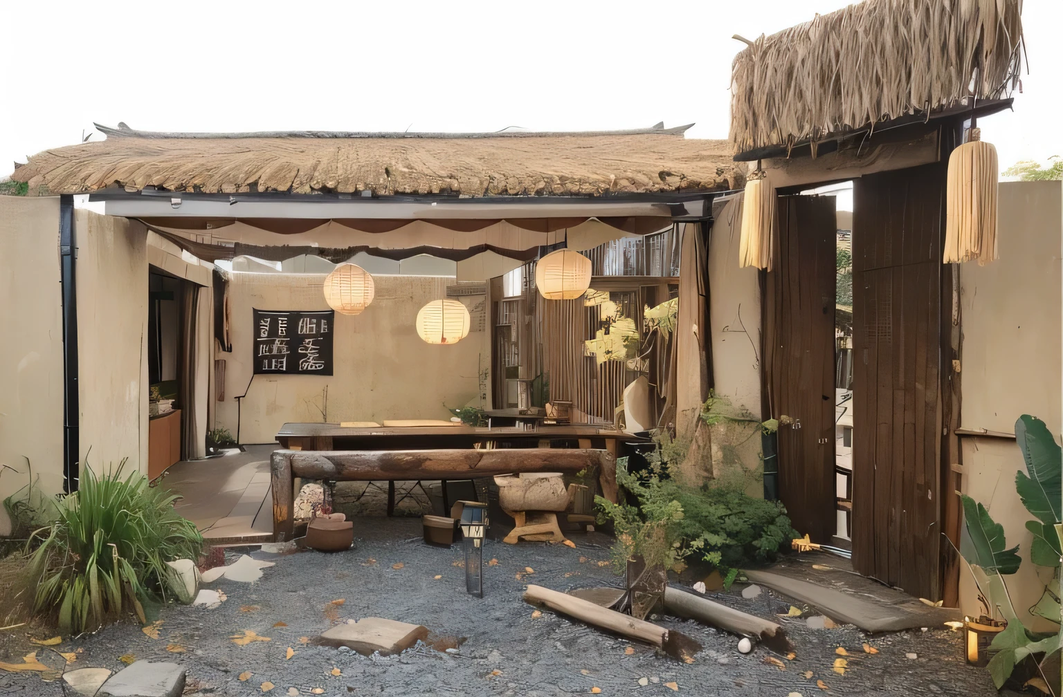 Jingji Teahouse，Log wood grain，Chinese flavor，warm light，Green plants and straw，dusk hues