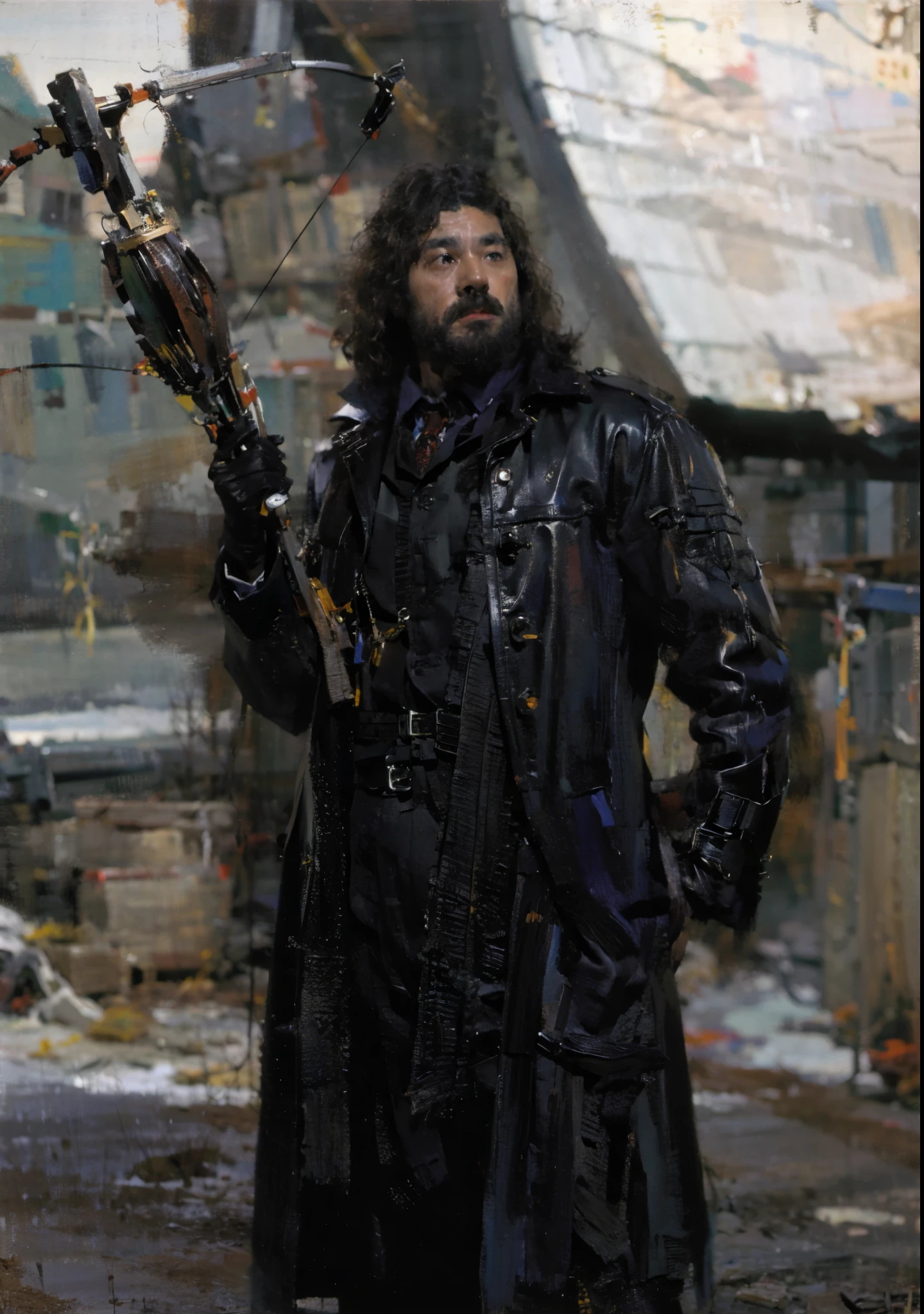 best quality，masterpiece，（painting：1.5），A hunter wearing black leather clothes in the middle world，Holding crossbow arrow in hand，hunter of middle earth，Black leather jacket，hunter in black，（Amy Sole：0.248），（Stanley Ategg Liu：0.106），（a detailed painting：0.353），（文艺复兴古典painting风格：0.8）