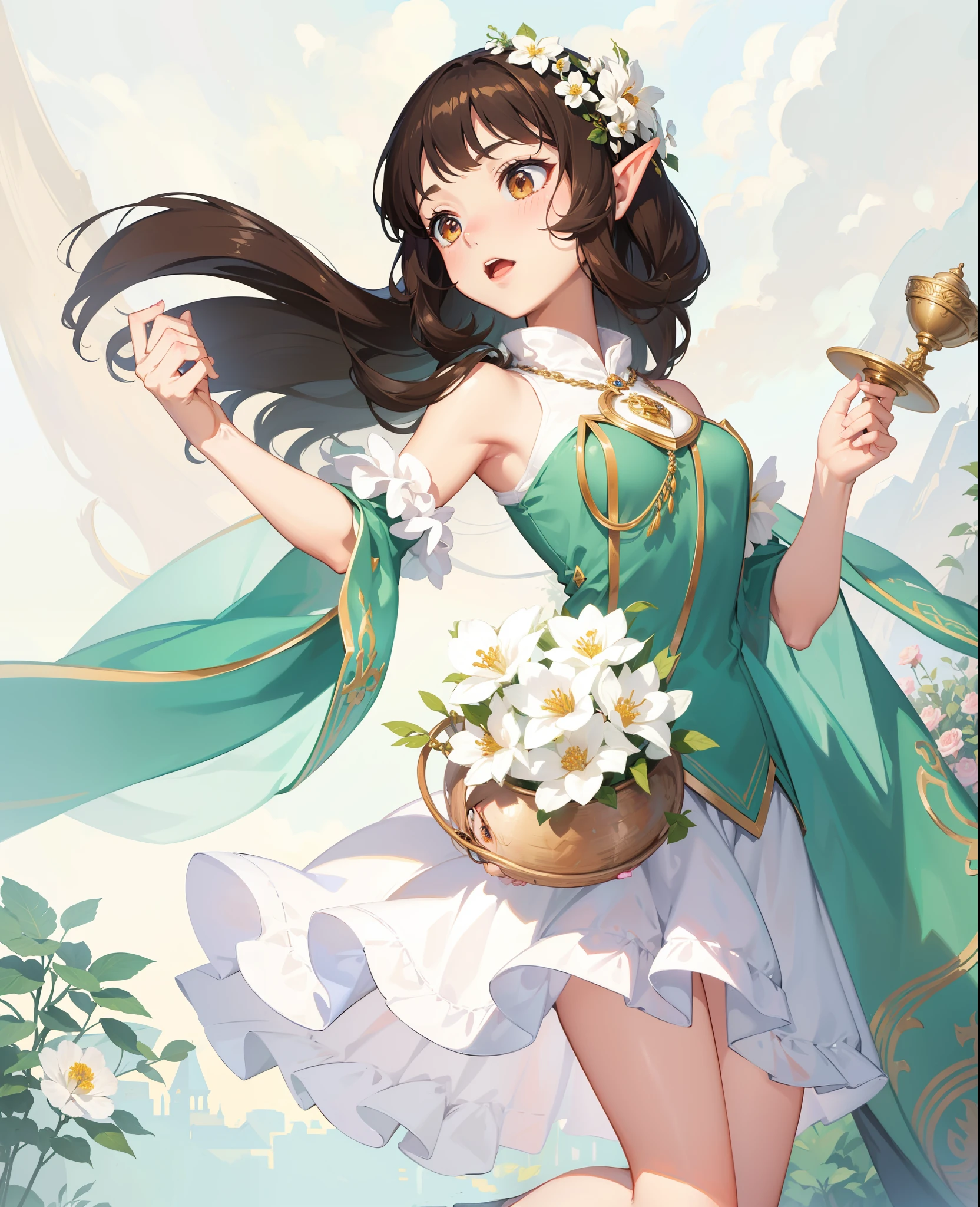 Elf Girl,light brown hair,hair length,brown eyes , shiny skin,Princess,Extremely detailed CGunity8 wallpaper,masterpiece,(Ultra-detailed),(revelation),(flower hairpin,flowers,gardener),grow,Nature,High heel,whole body,Fully equipped with clothes