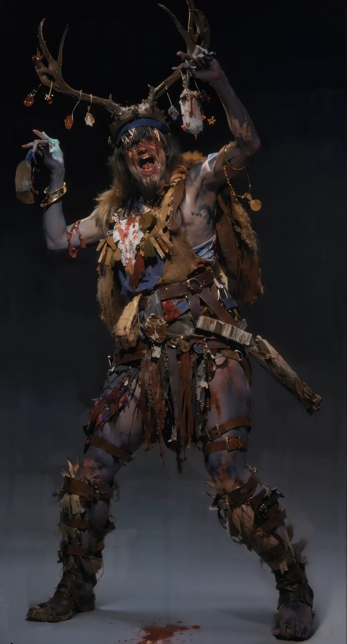 best quality，masterpiece，（painting：1.5），humanoid，一个madman，hunter like a wizard，hunter&#39;s scimitar，Cannibals，madman，Horrible bloody mouth，crazy，wack，Ghostly person，Terrifying people，Crazy people，cruel hunter，blood，hide，（blood：1.4），（hide：1.8）Creepy mutated flesh creatures, （Amy Sole：0.248），（Stanley Ategg Liu：0.106），（a detailed painting：0.353），（文艺复兴古典painting风格：0.8）