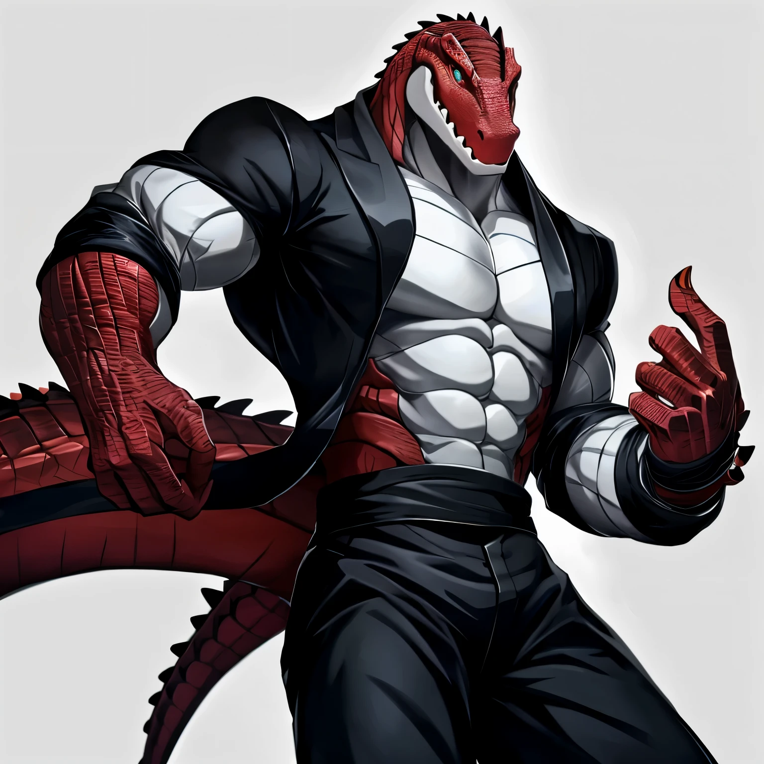 red alligator, high quality muscular, fine eyes, wearing a black suit,black clothes,white belly transparent background, anime style, High resolution 4K