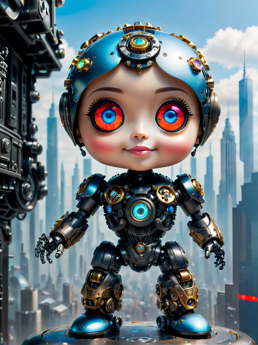 Pixar style,(Blind box toy style:1.2),(full-body shot),Imagine a world where mechanical puppets not only exist but are filled with undeniable charm。A small and complex mechanical puppe gears and joints are cleverly hidden beneath a coat of smooth metallic paint,在环境light的柔和光芒下闪闪发光。Although this puppet is mechanical,But with the warmth of life,Its glass eyes sparkle with curiosity。it stands in a futuristic cityscape,Neon lights bathe the streets in bright colors,Towering skyscrapers on the horizon cast long shadows。Its design mimics the high-tech armor of a futuristic law enforcer,But it has a touch of whimsy。its face is a digital screen,Showing emotional eyes and cute pixelated smile,Breaking the stereotype of callousness, (global illumination, Ray tracing, high dynamic range, Unreal rendering,Reasonable design, high detail, masterpiece, best quality, ultra high definition, light),Chibi,locomotive,3d style