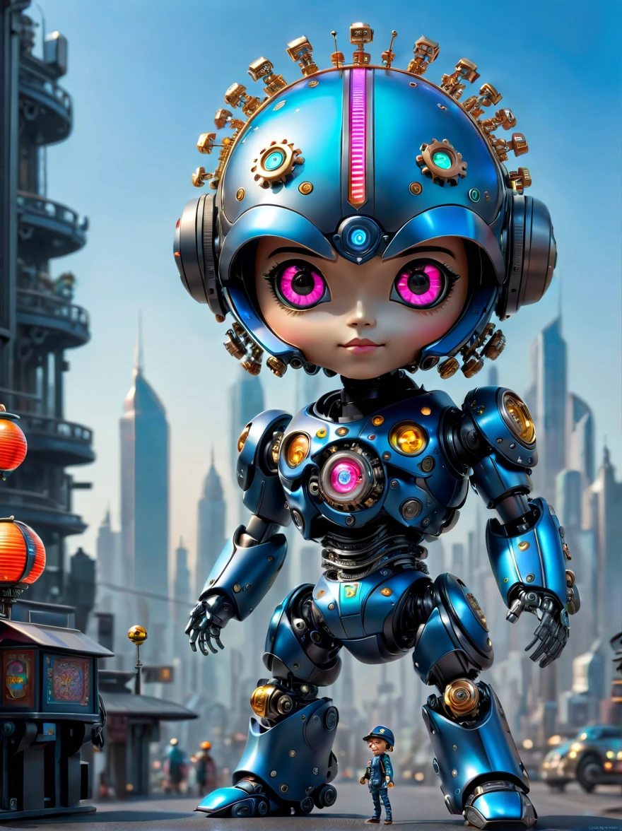 Pixar style,(Blind box toy style:1.2),(full-body shot),Imagine a world where mechanical puppets not only exist but are filled with undeniable charm。A small and complex mechanical puppe gears and joints are cleverly hidden beneath a coat of smooth metallic paint,在环境light的柔和光芒下闪闪发光。Although this puppet is mechanical,But with the warmth of life,Its glass eyes sparkle with curiosity。it stands in a futuristic cityscape,Neon lights bathe the streets in bright colors,Towering skyscrapers on the horizon cast long shadows。Its design mimics the high-tech armor of a futuristic law enforcer,But it has a touch of whimsy。its face is a digital screen,Showing emotional eyes and cute pixelated smile,Breaking the stereotype of callousness, (global illumination, Ray tracing, high dynamic range, Unreal rendering,Reasonable design, high detail, masterpiece, best quality, ultra high definition, light),Chibi,locomotive,3d style