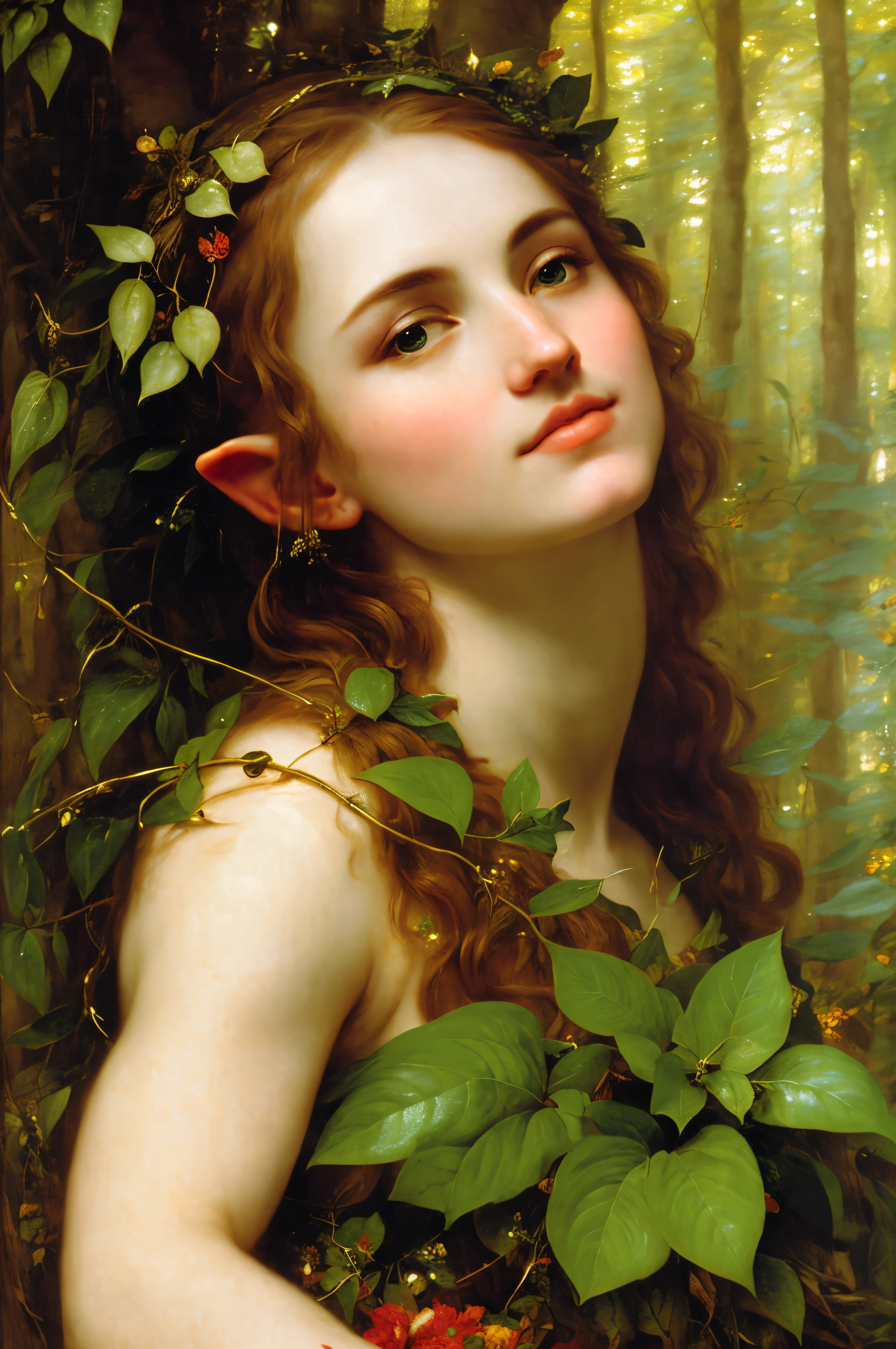 An elf in a vegetative forest in John William Waterhouse style, by Peter Paul Rubens, featuring lush detailing, distinctive noses, and traditional oceanic art in high detail, close-up, light gold, and green, best quality, masterpiece, sfw 