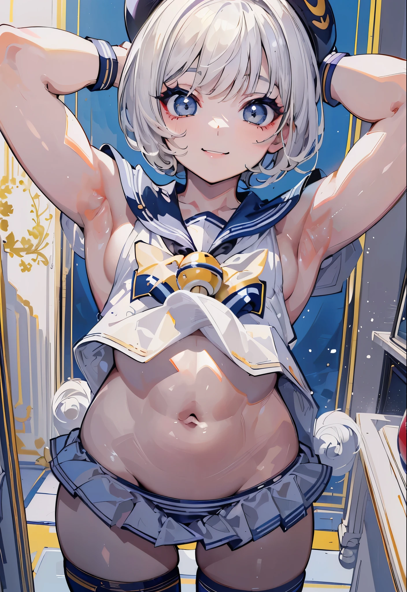 "(perfect masterpiece:1.2), (highest quality:1.2), stunning face, mature and chubby, Big eyes, compensate, long and luxurious eyelashes, lip whole, irresistible charisma.",belly button,(((boy dressed as a woman))),(((very short hair))),abs,raised his arms,((((sailor suit)))),(((muscle))),gray hair,(((mini skirt))),pixie cut,fang,(((smile)))