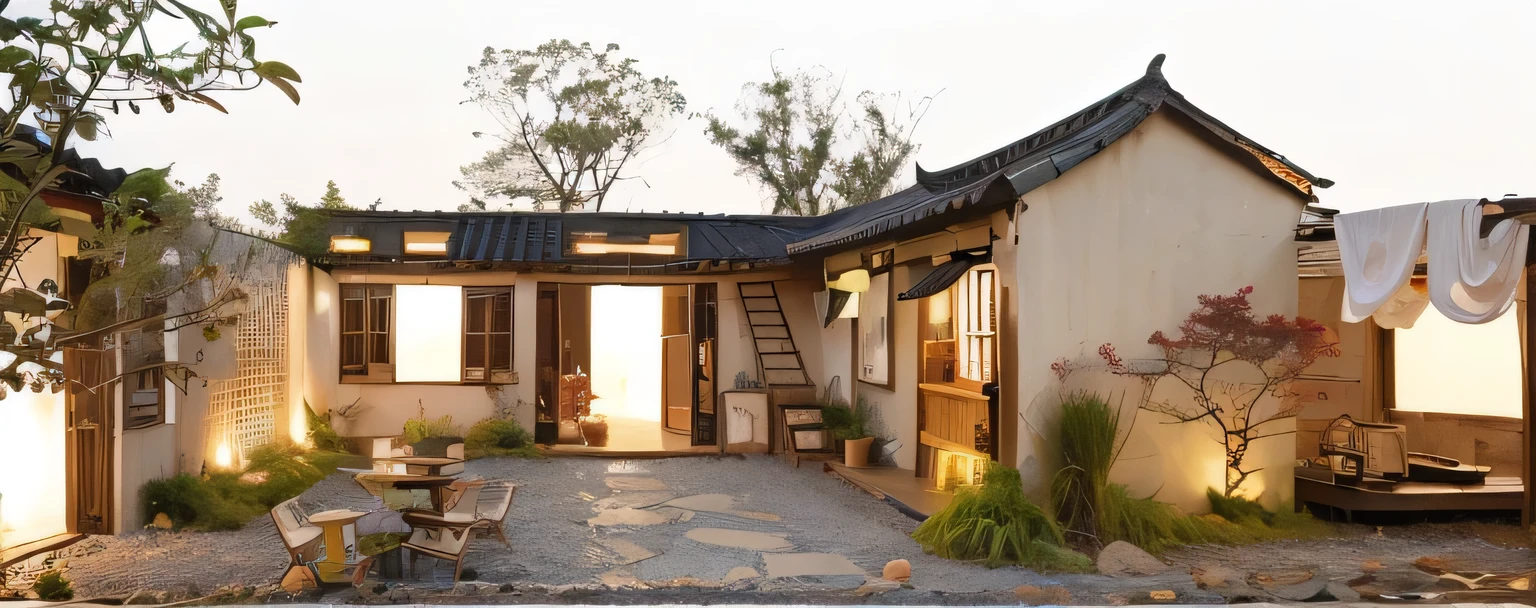 Jingji Teahouse,Log wood grain,Chinese flavor,warm light,Green plants and straw,dusk hues