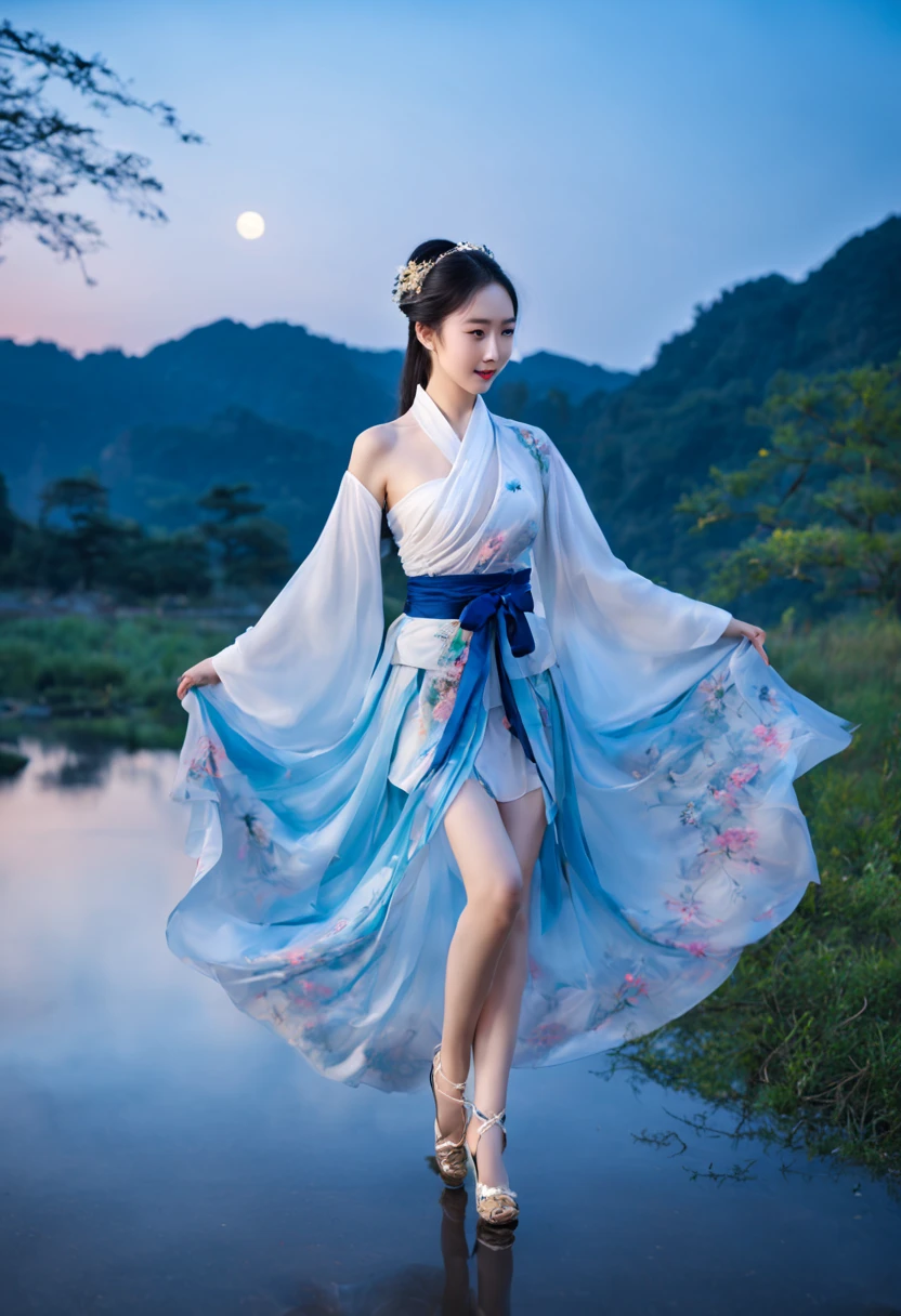 Moonlit landscape，The goddess in costume dressed in Han costume is unique。Her gorgeous costumes sparkle，The skirt swayed in the breeze，It looks elegant and dynamic。There was a playful look in her eyes，It is as if you are at one with this tranquil nature。

The costume goddess wears a pair of fashionable high heels under her feet，It seems to be incompatible with her elegant temperament，But it invisibly adds a touch of mystery and sexiness。。Her feet were on the bluestone slab，It's like dancing on the ground，Grace at every step。

In the moonlight，The landscape is even more hazy and wonderful。Her figure danced in the moonlight，Fairy beauty。Her demeanor is playful and cute，It makes people want to get closer，Discover her inner secrets。

At this moment，Everything around seemed to be gone，Only this goddess in ancient costume and this beautiful landscape painting remain。She smiled，sport，All full of poetry，It's intoxicating，Can't extricate yourself。