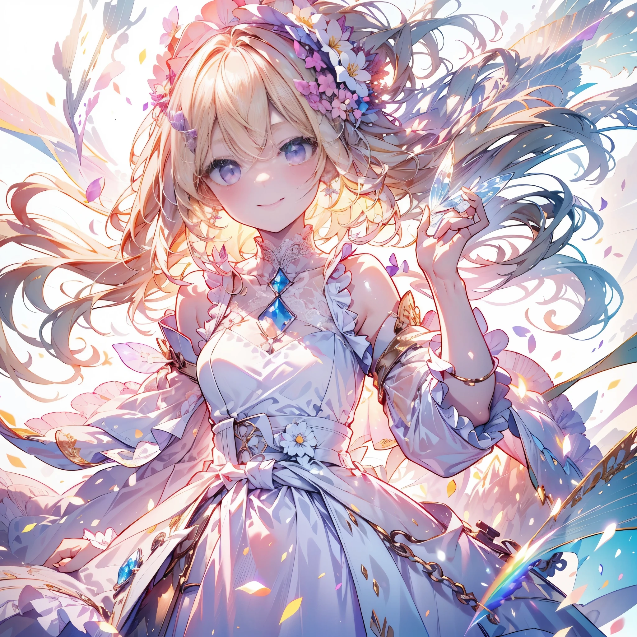 (highest quality, masterpiece, Super detailed, very detailed, exquisite, 16k,Full HD),(white background:1.5),A little closer,dramatic lighting,pastel colour,smile,(looks fun)grab the hem of the dress,sun光,fly in the sky,soft lighting, ((alone:1.5)),(clear sky,blue sky,rainbow,sun,morning sky,sunny),gentle wind,magical forest,flower,wood,flower畑,葉っぱとflowerびらが舞う,From above,((head shot)),画面いっぱいのflower,(fairy princess, purple eyes, long eyelashes,white skin,slim,pale pink plump lips,pale pink cheeks, The wind is blowing,(medium hair,wavy hair,blonde),thin and long,(thin and high nose,small nose),(腰の少しFrom above巨大な妖精の羽),sunの光に反射した,sunの魔法,flowerのティアラ,diamond earrings,Diamond Choker,(waist is narrow,fluffy white ball gown dress, lace and frills),(smile:1.2), (fantasy, romantic atmosphere), 