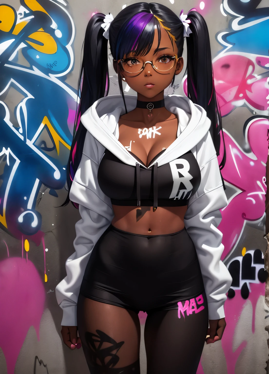 dark skinned, masterpiece, best quality, 1girl, solo, choker, (graffiti:1.5), paint splatter, arms behind back, against wall, looking at viewer, multicolored hair, pigtails, glasses, cleavage, 1girl, hoodie, leggings, large breasts, morning sun lighting, vibrant, saturation,