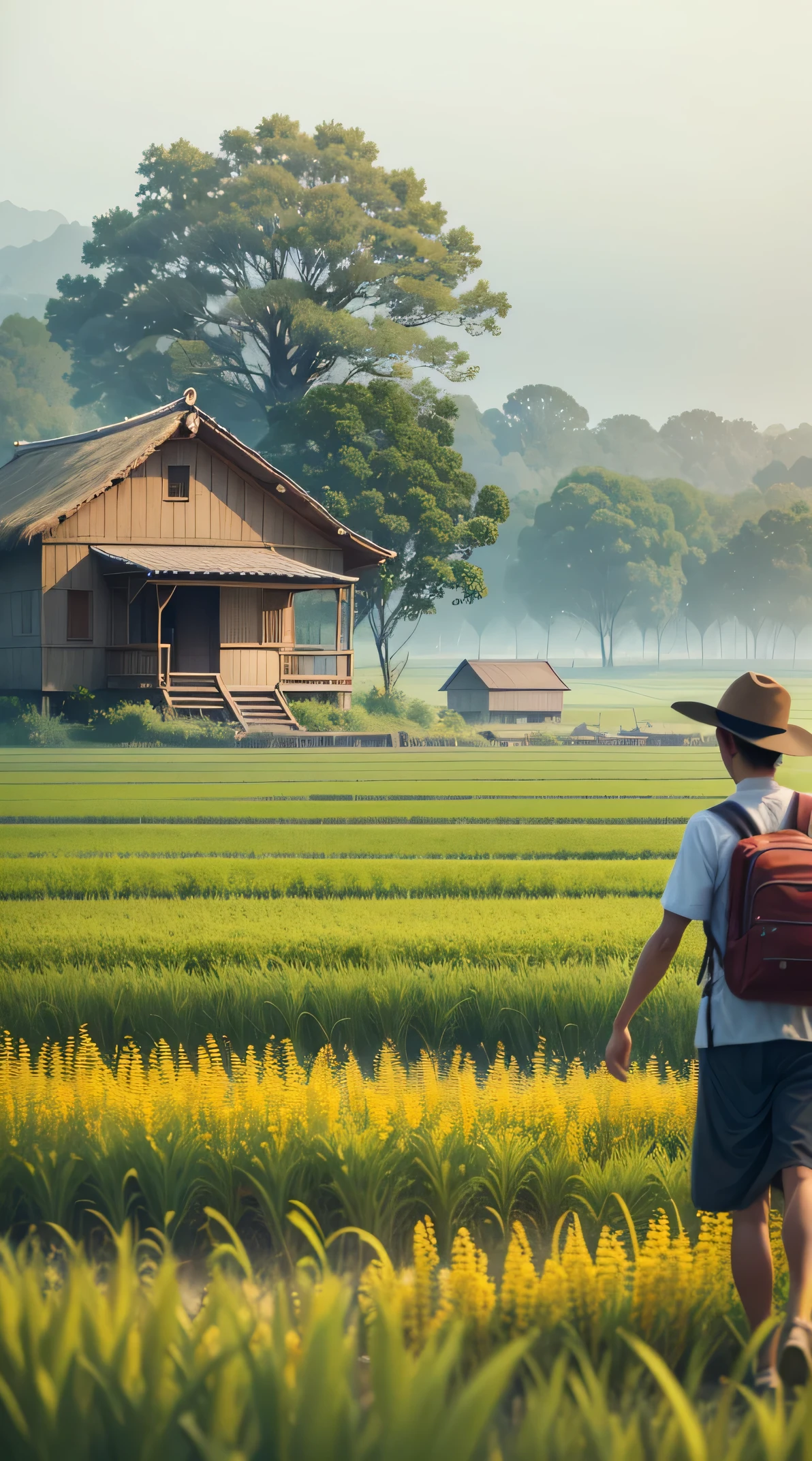 There is a man walking through a rice field, in the background is a hut with rice fields, rice fields, neat rice seedlings in the fields, misty rain, villages, agriculture, in the tranquil landscape, misty weather, in the vast peaceful landscape, in the early morning, in the morning mist, behind a small village, mist, Japanese countryside, thatched roofs --v 6