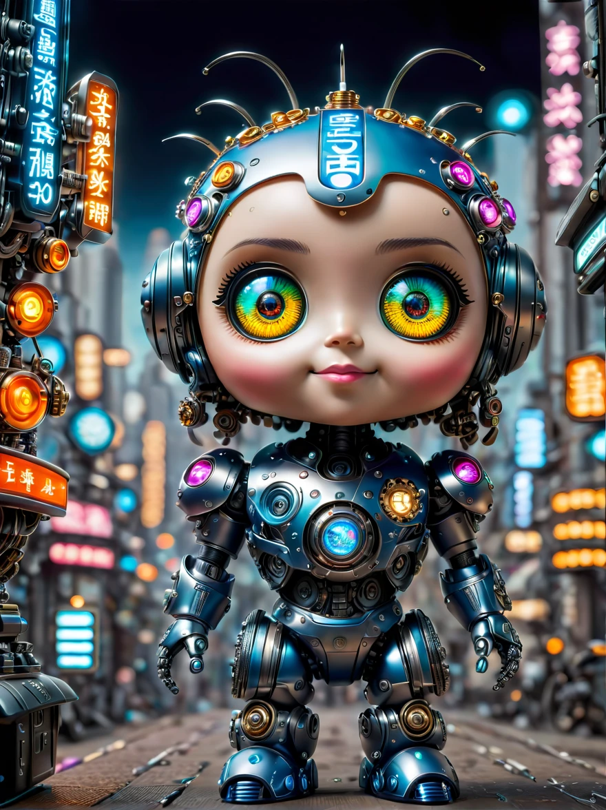 Pixar style,(Blind box toy style:1.2),(full-body shot),Imagine a world where mechanical puppets not only exist but are filled with undeniable charm。A small and complex mechanical puppe gears and joints are cleverly hidden beneath a coat of smooth metallic paint,在环境light的柔和光芒下闪闪发光。Although this puppet is mechanical,But with the warmth of life,Its glass eyes sparkle with curiosity。it stands in a futuristic cityscape,Neon lights bathe the streets in bright colors,Towering skyscrapers on the horizon cast long shadows。Its design mimics the high-tech armor of a futuristic law enforcer,But it has a touch of whimsy。its face is a digital screen,Showing emotional eyes and cute pixelated smile,Breaking the stereotype of callousness, (global illumination, Ray tracing, high dynamic range, Unreal rendering,Reasonable design, high detail, masterpiece, best quality, ultra high definition, light),Chibi,locomotive,3d style