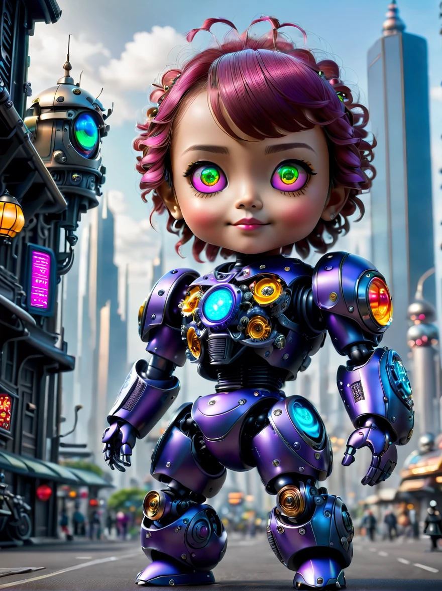 Pixar style,(Blind box toy style:1.2),(full-body shot),Imagine a world where mechanical puppets not only exist but are filled with undeniable charm。A small and complex mechanical puppe gears and joints are cleverly hidden beneath a coat of smooth metallic paint,在环境light的柔和光芒下闪闪发光。Although this puppet is mechanical,But with the warmth of life,Its glass eyes sparkle with curiosity。it stands in a futuristic cityscape,Neon lights bathe the streets in bright colors,Towering skyscrapers on the horizon cast long shadows。Its design mimics the high-tech armor of a futuristic law enforcer,But it has a touch of whimsy。its face is a digital screen,Showing emotional eyes and cute pixelated smile,Breaking the stereotype of callousness, (global illumination, Ray tracing, high dynamic range, Unreal rendering,Reasonable design, high detail, masterpiece, best quality, ultra high definition, light),Chibi,locomotive,3d style