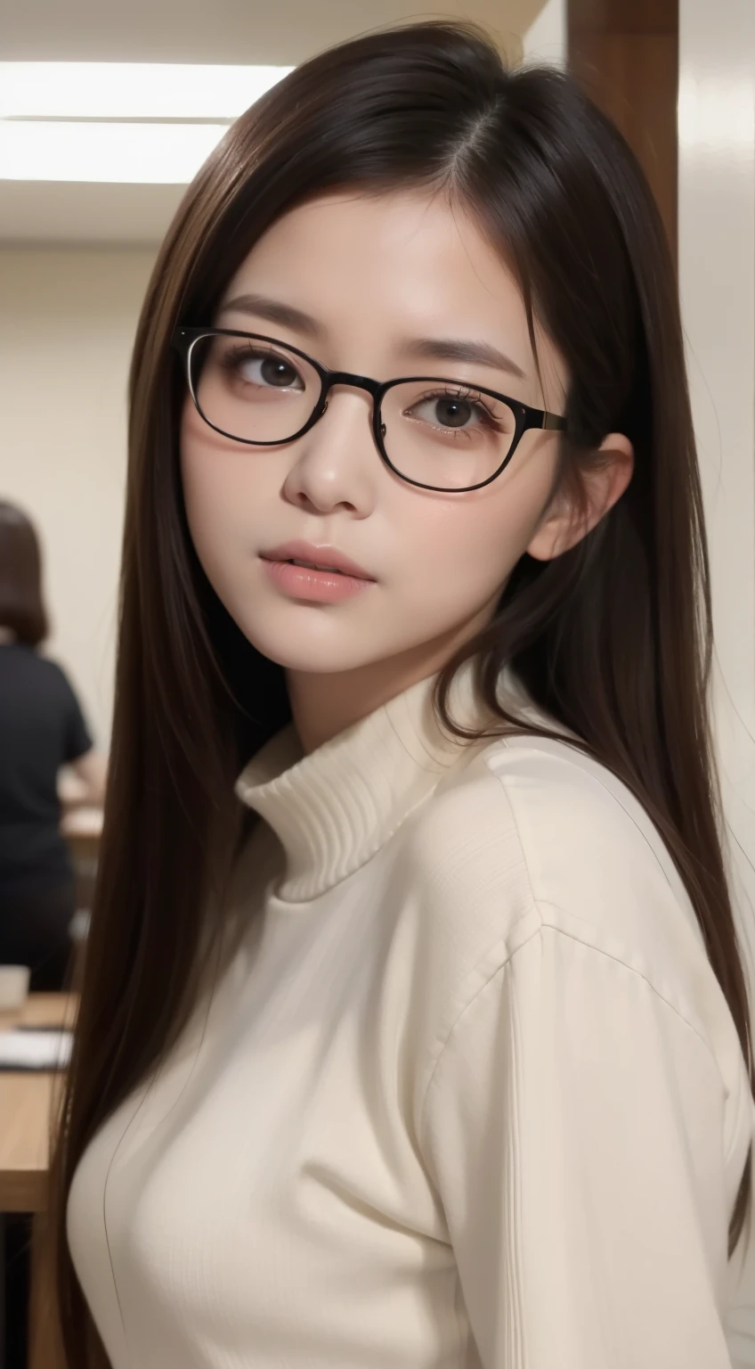 masterpiece、In 8K、Raw photo、(realistic:1.4)、high resolution mouth、eyes are high definition、shiny skin、Big eyes、round face,double eyes、puffy eyeedium breasted woman、half open mouth、provocative look、one woman、25 years old, Self snap、Bold and obscene pose、put your hands behind your head、Upper body、woman wearing glasses、film grain novilite、expressive: calm expression,gentle smile, soft eyes,Plump,Okame Hairstyles: Long natural hairs stand out: Posture wearing soft brown clothes: please stand quietly、Break a Girl,alone、University Indoor