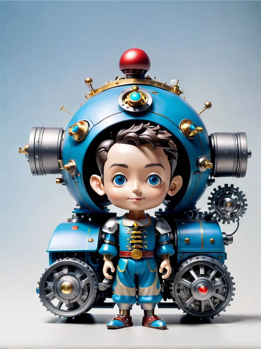 Pixar style, (Blind box toy style:1.2), (full-body shot) , A cute mechanical doll dressed in retro-style clothes stands in a fantasy garden full of steampunk elements. Its body is made of exquisite copper and silver parts, and its eyes are like two glowing gems. Surrounding it are various strange plants and clockwork animals, with a background featuring a huge moon and a starry night sky, Clean, White background, (global illumination, Ray tracing, high dynamic range, Unreal rendering,Reasonable design, high detail, masterpiece, best quality, ultra high definition, light)，Chibi，locomotive，3d style