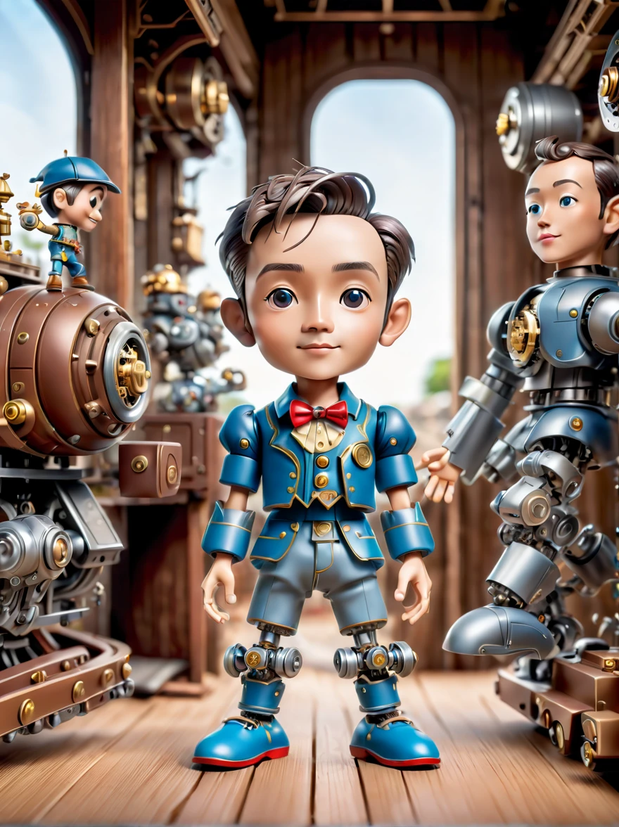 Pixar style, (Blind box toy style:1.2), (full-body shot) , A cute mechanical doll dressed in retro-style clothes stands in a fantasy garden full of steampunk elements. Its body is made of exquisite copper and silver parts, and its eyes are like two glowing gems. Surrounding it are various strange plants and clockwork animals, with a background featuring a huge moon and a starry night sky, Clean, White background, (global illumination, Ray tracing, high dynamic range, Unreal rendering,Reasonable design, high detail, masterpiece, best quality, ultra high definition, light)，Chibi，locomotive，3d style