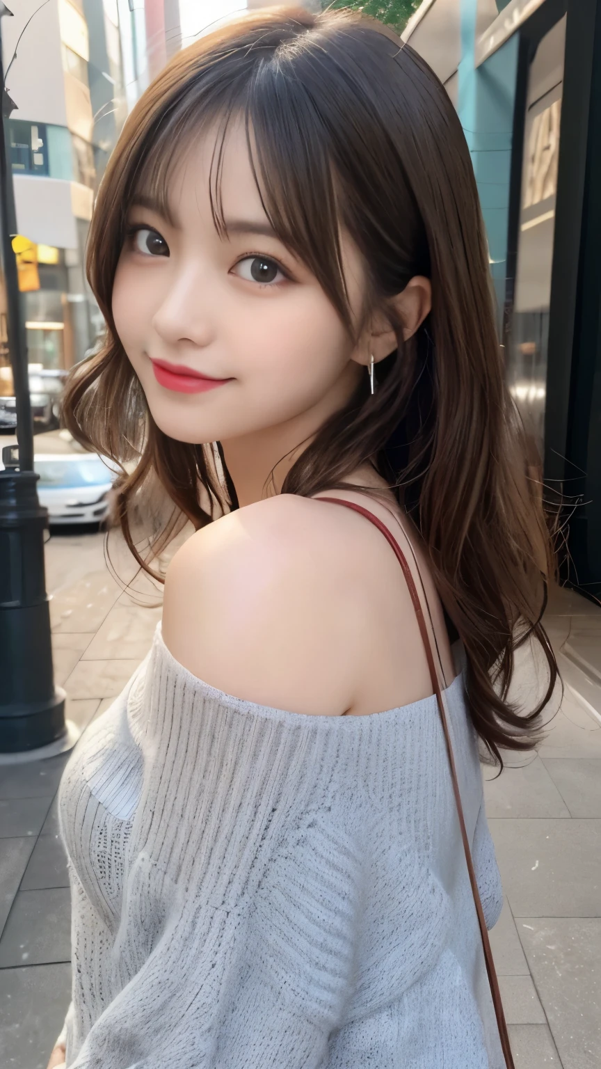 table top, highest quality, figure, super detailed, finely, High resolution, 8k wallpaper, 完璧なダイナミックな構figure, detailed and beautiful eyes, off shoulder knit ladies&#39;S fashion,wavy hair,、natural color lip, bold sexy pose,smile,Harajuku、20 year old girl、cute、sexy shot looking at camera,Ultra-realistic raw photos