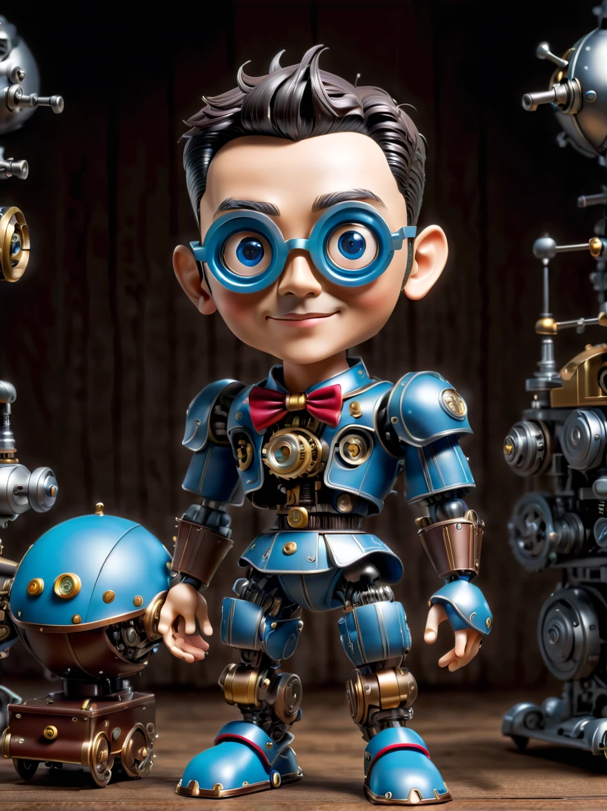 Pixar style, (Blind box toy style:1.2), (full-body shot) , A cute mechanical doll dressed in retro-style clothes stands in a fantasy garden full of steampunk elements. Its body is made of exquisite copper and silver parts, and its eyes are like two glowing gems. Surrounding it are various strange plants and clockwork animals, with a background featuring a huge moon and a starry night sky, Clean, White background, (global illumination, Ray tracing, high dynamic range, Unreal rendering,Reasonable design, high detail, masterpiece, best quality, ultra high definition, light)，Chibi，locomotive，3d style
