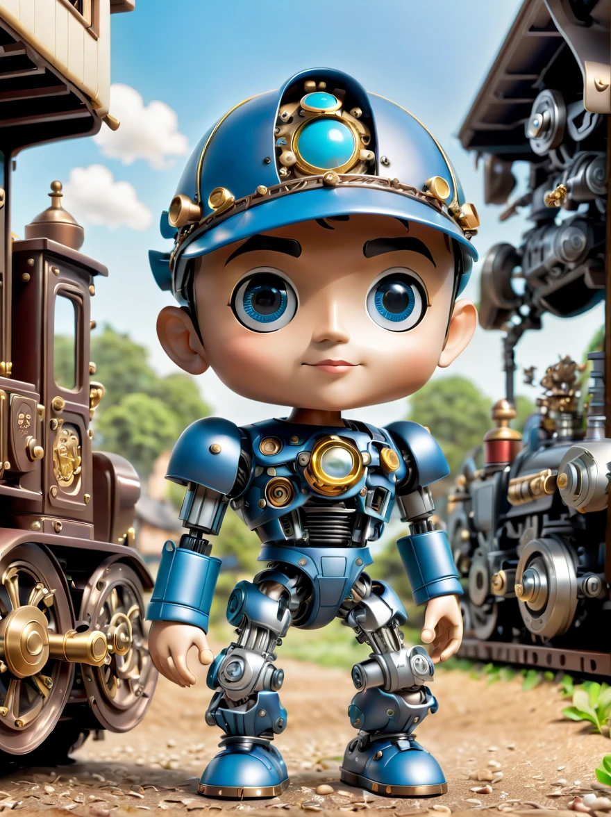 Pixar style,(Blind box toy style:1.2),(full-body shot),three-dimensional,Mechanical feel,cute,boy,mechanical puppet, Pinocchio,Chibi,locomotive,3d style