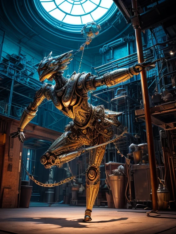 Image: **[Mechanical Puppet]**

Descriptive keywords: *A metallic creature with intricate details and moving parts, resembling a marionette.*

Photographic style: *Industrial and futuristic, with cold blue lighting highlighting the metallic textures.*

Tone: *Mysterious and intriguing*

Object: **[Mechanical Puppet]**

Action: *The Mechanical Puppet is gracefully dancing with fluid movements, as if performing an elegant ballet.*

Create an image of a Mechanical Puppet in an industrial and futuristic setting, captured in cold blue lighting, showcasing intricate metallic details. The tone should evoke a sense of mystery and intrigue, with the puppet gracefully dancing like a marionette brought to life.