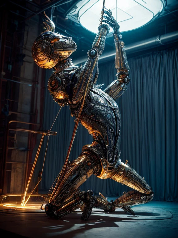Image: **[Mechanical Puppet]**

Descriptive keywords: *A metallic creature with intricate details and moving parts, resembling a marionette.*

Photographic style: *Industrial and futuristic, with cold blue lighting highlighting the metallic textures.*

Tone: *Mysterious and intriguing*

Object: **[Mechanical Puppet]**

Action: *The Mechanical Puppet is gracefully dancing with fluid movements, as if performing an elegant ballet.*

Create an image of a Mechanical Puppet in an industrial and futuristic setting, captured in cold blue lighting, showcasing intricate metallic details. The tone should evoke a sense of mystery and intrigue, with the puppet gracefully dancing like a marionette brought to life.