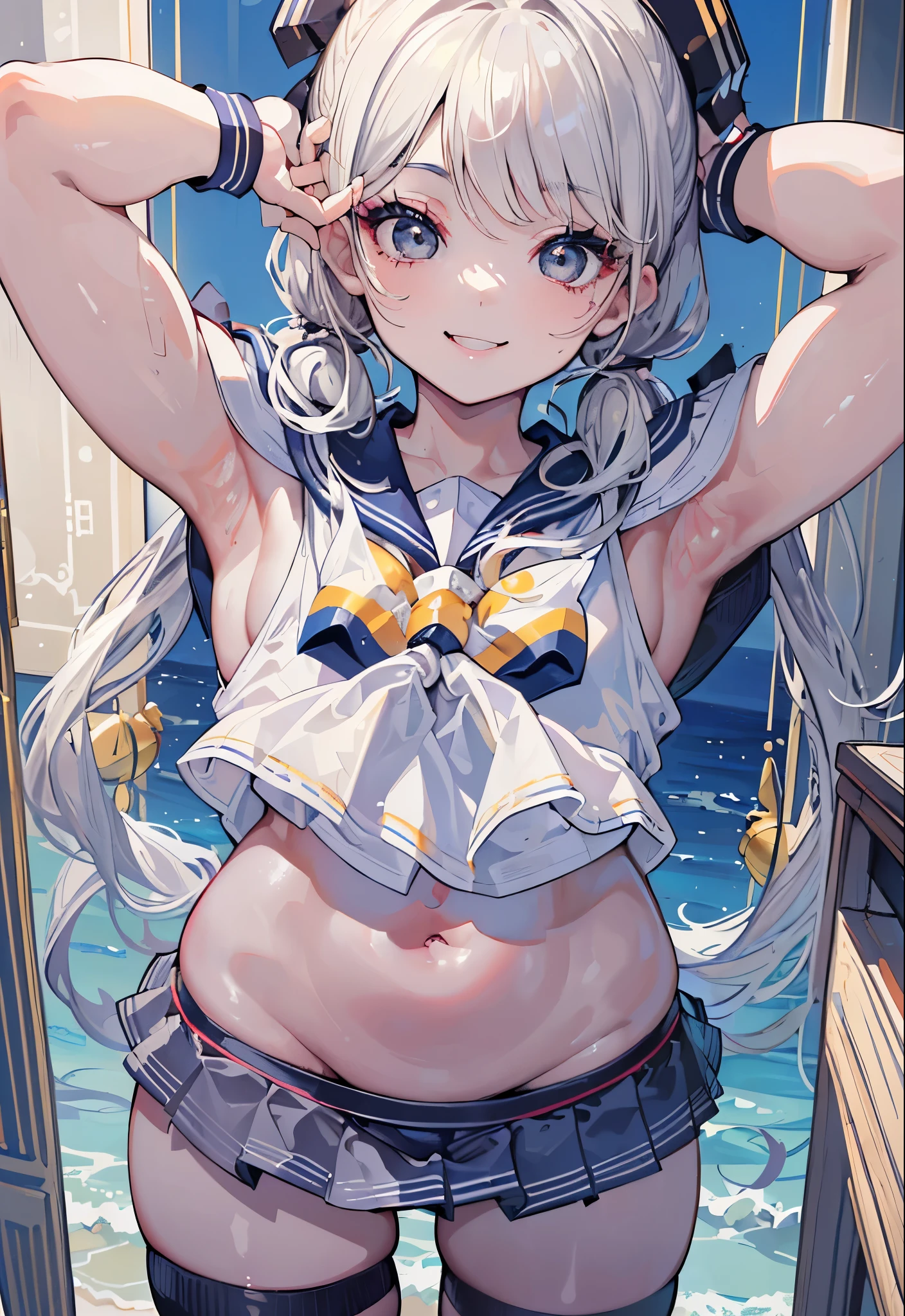 "(perfect masterpiece:1.2), (highest quality:1.2), stunning face, and chubby, Big eyes, compensate, long and luxurious eyelashes, lip whole, irresistible charisma.",belly buttonboy dressed as a woman))),(((twintails))),abs,raised his arms,((((sailor suit)))),(((muscle))),gray hair,(((mini skirt))),fang,(((smile)))