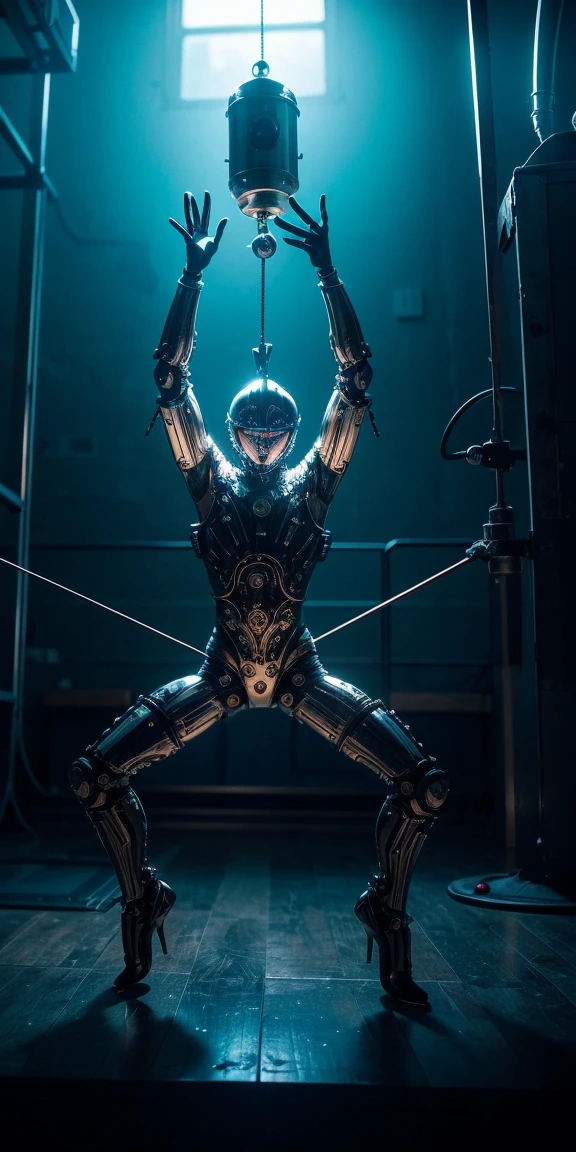 Image: **[Mechanical Puppet]**

Descriptive keywords: *A metallic creature with intricate details and moving parts, resembling a marionette.*

Photographic style: *Industrial and futuristic, with cold blue lighting highlighting the metallic textures.*

Tone: *Mysterious and intriguing*

Object: **[Mechanical Puppet]**

Action: *The Mechanical Puppet is gracefully dancing with fluid movements, as if performing an elegant ballet.*

Create an image of a Mechanical Puppet in an industrial and futuristic setting, captured in cold blue lighting, showcasing intricate metallic details. The tone should evoke a sense of mystery and intrigue, with the puppet gracefully dancing like a marionette brought to life.