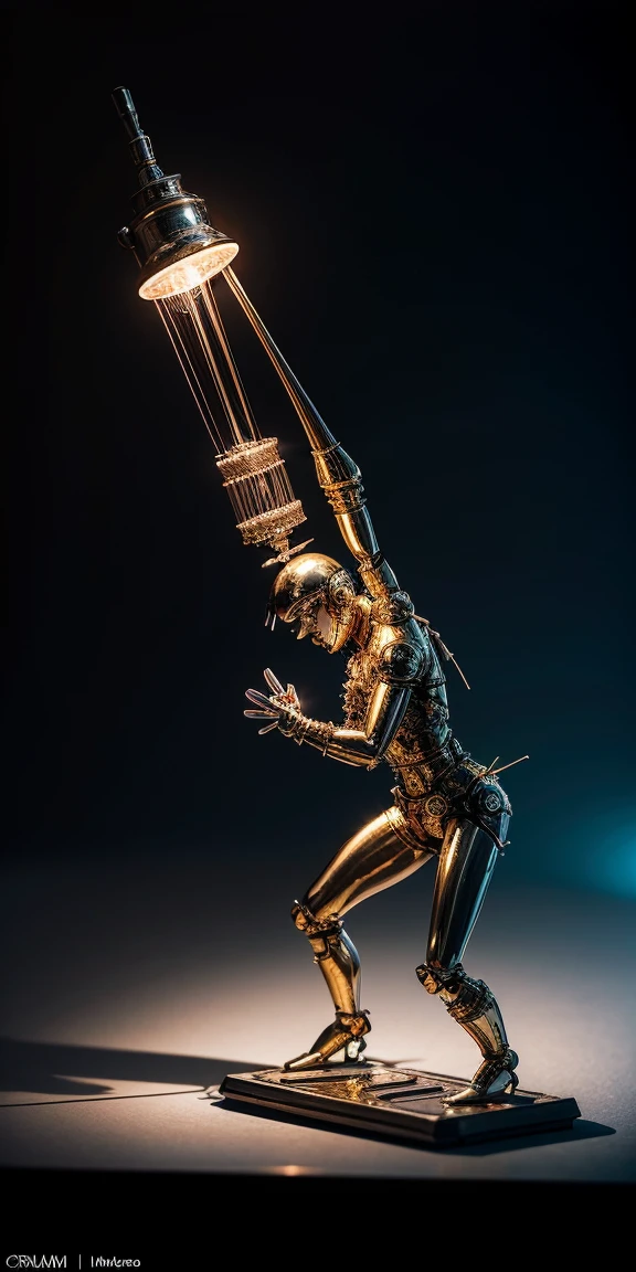 Image: **[Mechanical Puppet]**

Descriptive keywords: *A metallic creature with intricate details and moving parts, resembling a marionette.*

Photographic style: *Industrial and futuristic, with cold blue lighting highlighting the metallic textures.*

Tone: *Mysterious and intriguing*

Object: **[Mechanical Puppet]**

Action: *The Mechanical Puppet is gracefully dancing with fluid movements, as if performing an elegant ballet.*

Create an image of a Mechanical Puppet in an industrial and futuristic setting, captured in cold blue lighting, showcasing intricate metallic details. The tone should evoke a sense of mystery and intrigue, with the puppet gracefully dancing like a marionette brought to life.