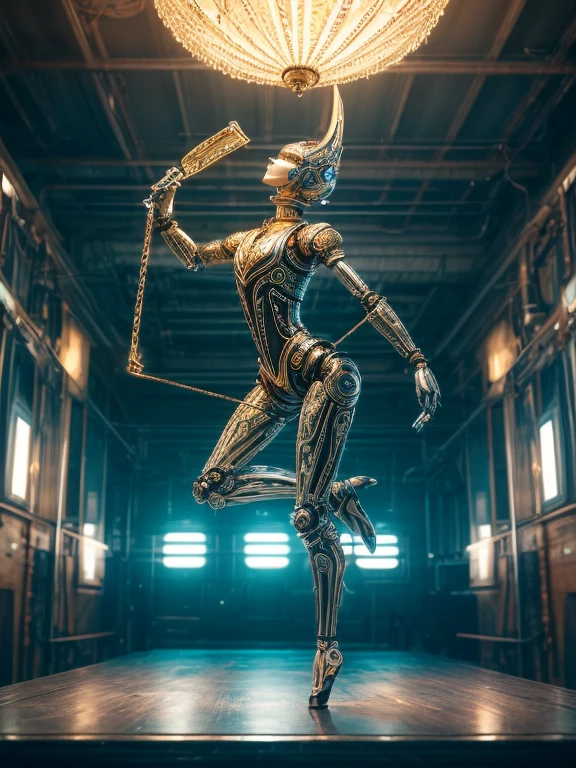 Image: **[Mechanical Puppet]**

Descriptive keywords: *A metallic creature with intricate details and moving parts, resembling a marionette.*

Photographic style: *Industrial and futuristic, with cold blue lighting highlighting the metallic textures.*

Tone: *Mysterious and intriguing*

Object: **[Mechanical Puppet]**

Action: *The Mechanical Puppet is gracefully dancing with fluid movements, as if performing an elegant ballet.*

Create an image of a Mechanical Puppet in an industrial and futuristic setting, captured in cold blue lighting, showcasing intricate metallic details. The tone should evoke a sense of mystery and intrigue, with the puppet gracefully dancing like a marionette brought to life.