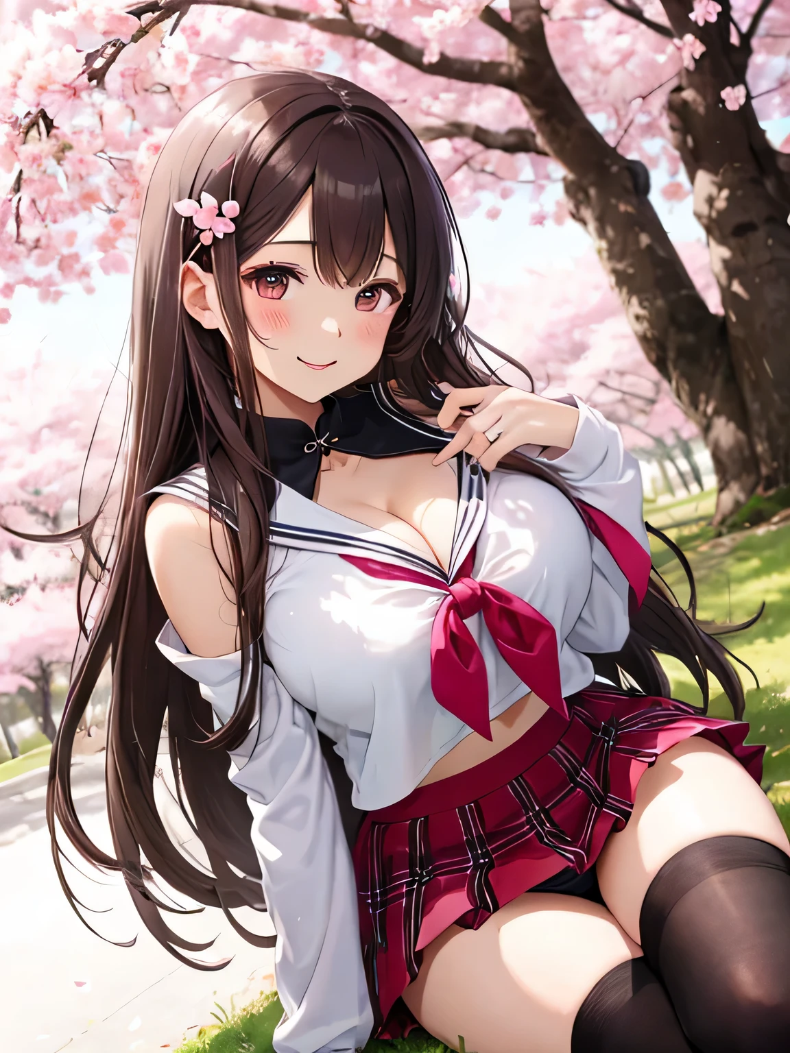 highest quality、High resolution、detailed background、beautiful and detailed face、beautiful and smooth skin、skin texture、professional lighting、Beautiful teenage girl、(huge breasts:1.1)、ピンクのsleevelessセーラー服、white sailor collar、plaid pleated mini skirt、cute編込みヘアスタイル、pink knee high socks、pink knee socks、((cherry blossoms舞い散る木の下に寝そべる))、cherry blossoms、Big tree、大量のcherry blossomsの花びらが舞う、cherry blossomsの花びらを広げて、smile a little sadly、show the whole body、underboob、emphasize cleavage、panty shot、cuteピンクのパンティー、sleeveless、cute