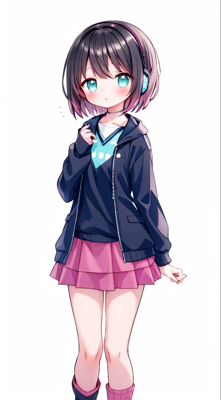 Girl with short dark hair,shy,blush,earphone,Turquoise sweatshirt,pink skirt,White knee socks,black boots,