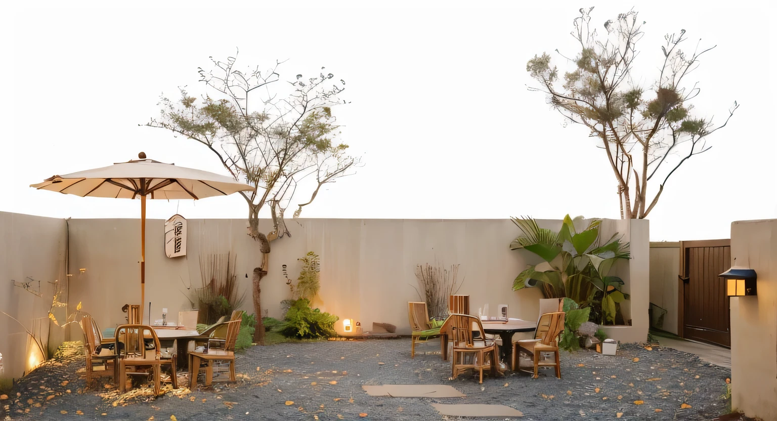 Jingji Teahouse，Log wood grain，Chinese flavor，warm light，Green plants and straw，dusk hues