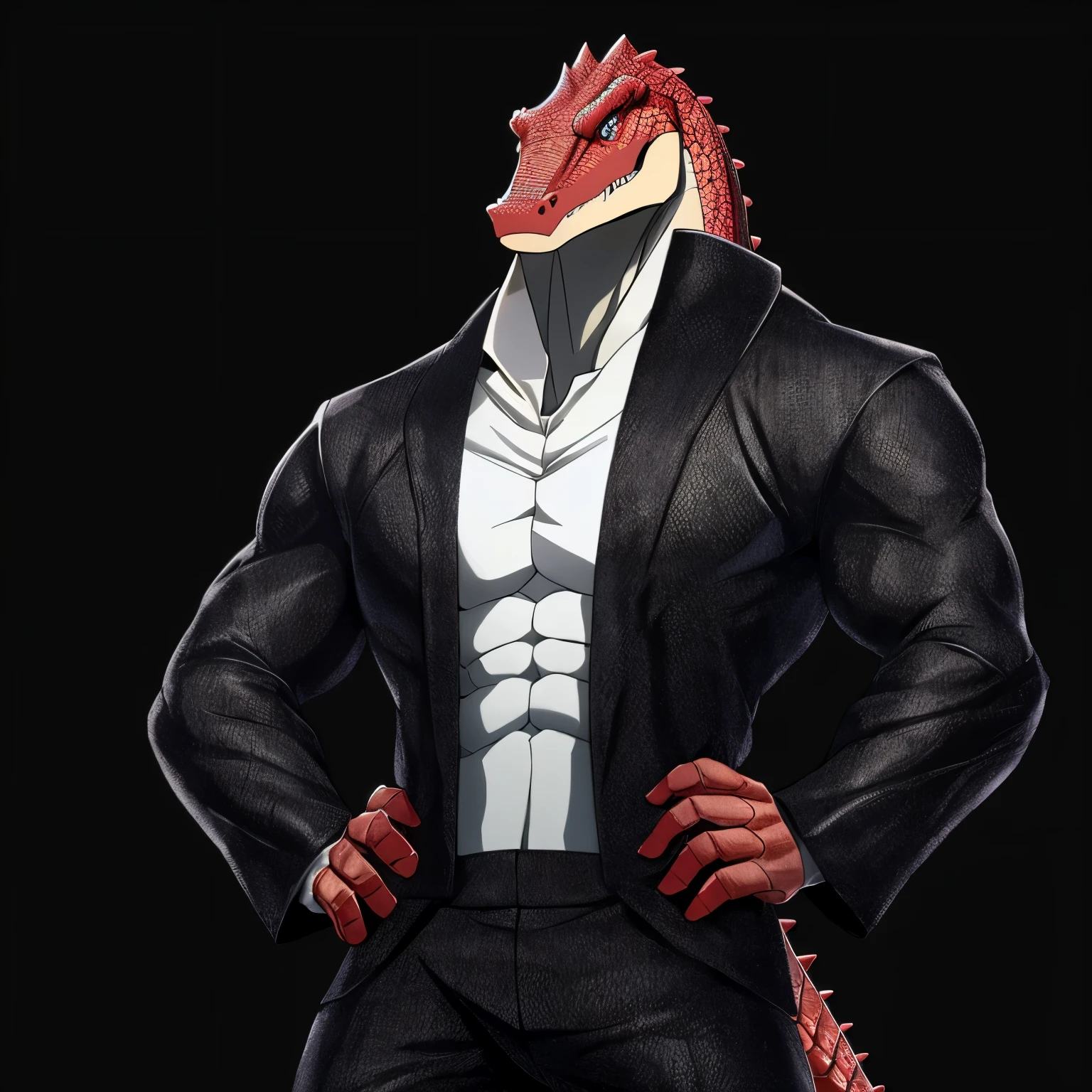 red alligator,,muscular, fine eyes, wearing a black suit,black clothes,white belly transparent background,hands on hips, anime style, High resolution 4K