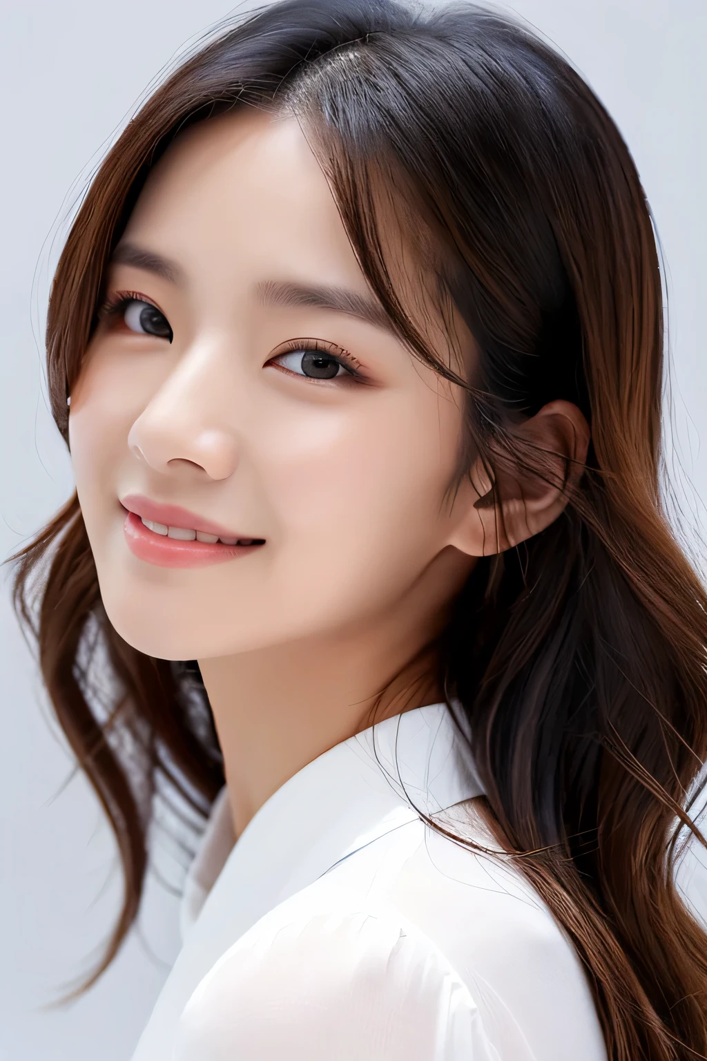 woman beauty clear model front natural smile the background is white ennui transparent skin quarter face white dress shirt