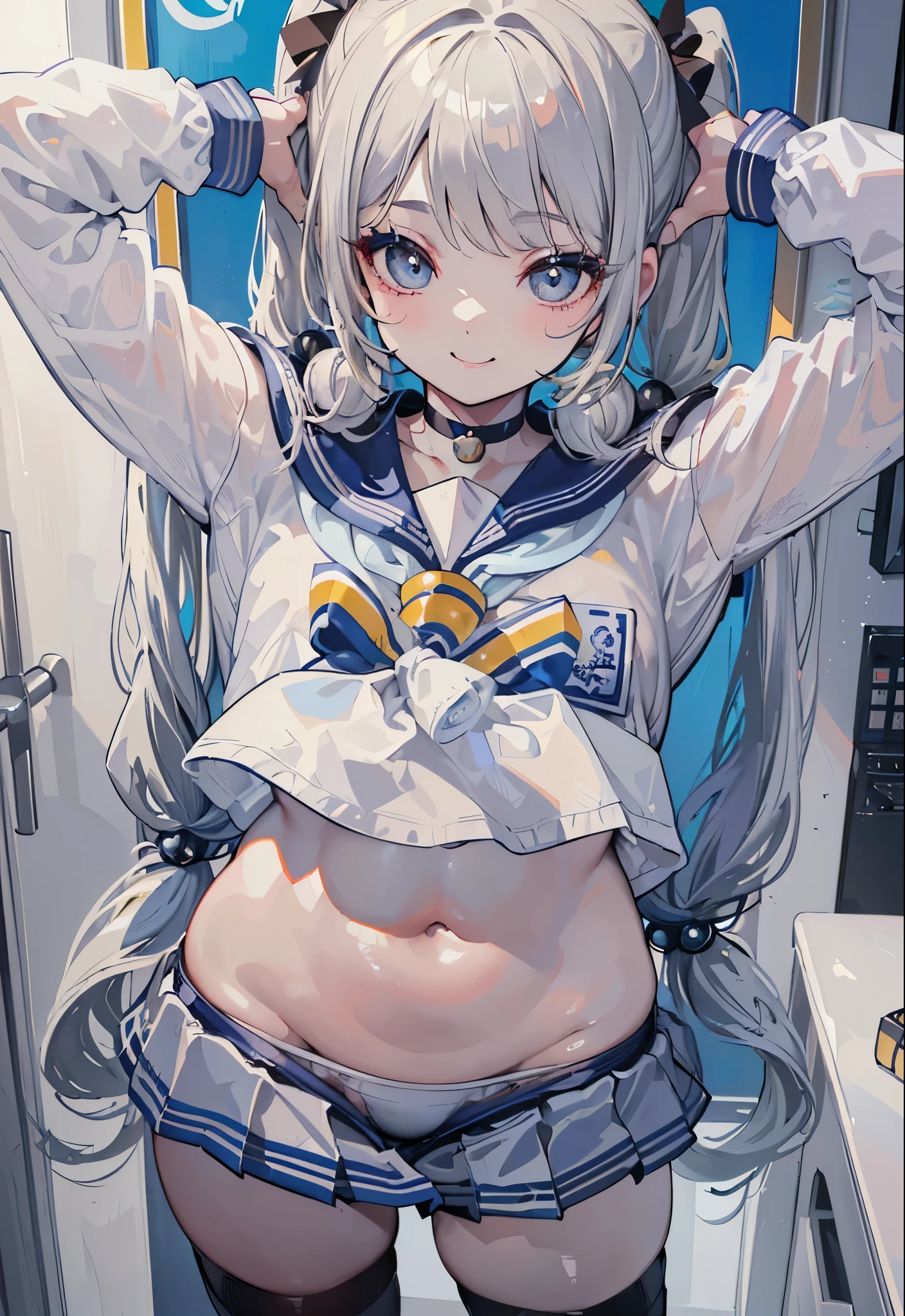 "(perfect masterpiece:1.2), (highest quality:1.2), stunning face, mature and chubby, Big eyes, compensate, long and luxurious eyelashes, lip whole, irresistible charisma.",belly button,(((boy dressed as a woman))),(((twintails))),abs,raised his arms,((((sailor suit)))),(((muscle))),gray hair,(((mini skirt))),fang,(((smile)))
