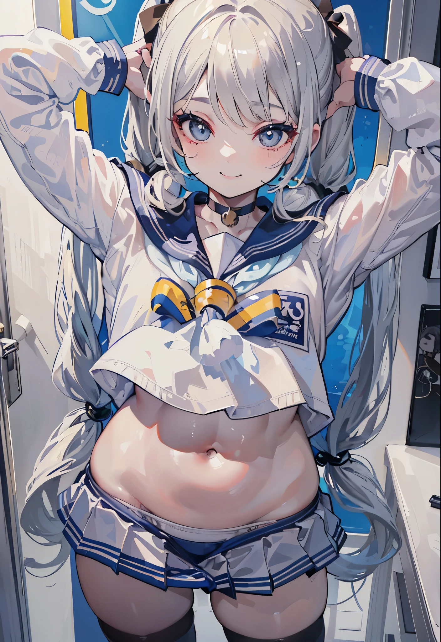 "(perfect masterpiece:1.2), (highest quality:1.2), stunning face,  mature and chubby, Big eyes, compensate, long and luxurious eyelashes, lip whole, irresistible charisma.",belly button,(((boy dressed as a woman))),(((twintails))),abs,raised his arms,((((sailor suit)))),(((muscle)))，gray hair，(((mini skirt))),fang,(((smile)))