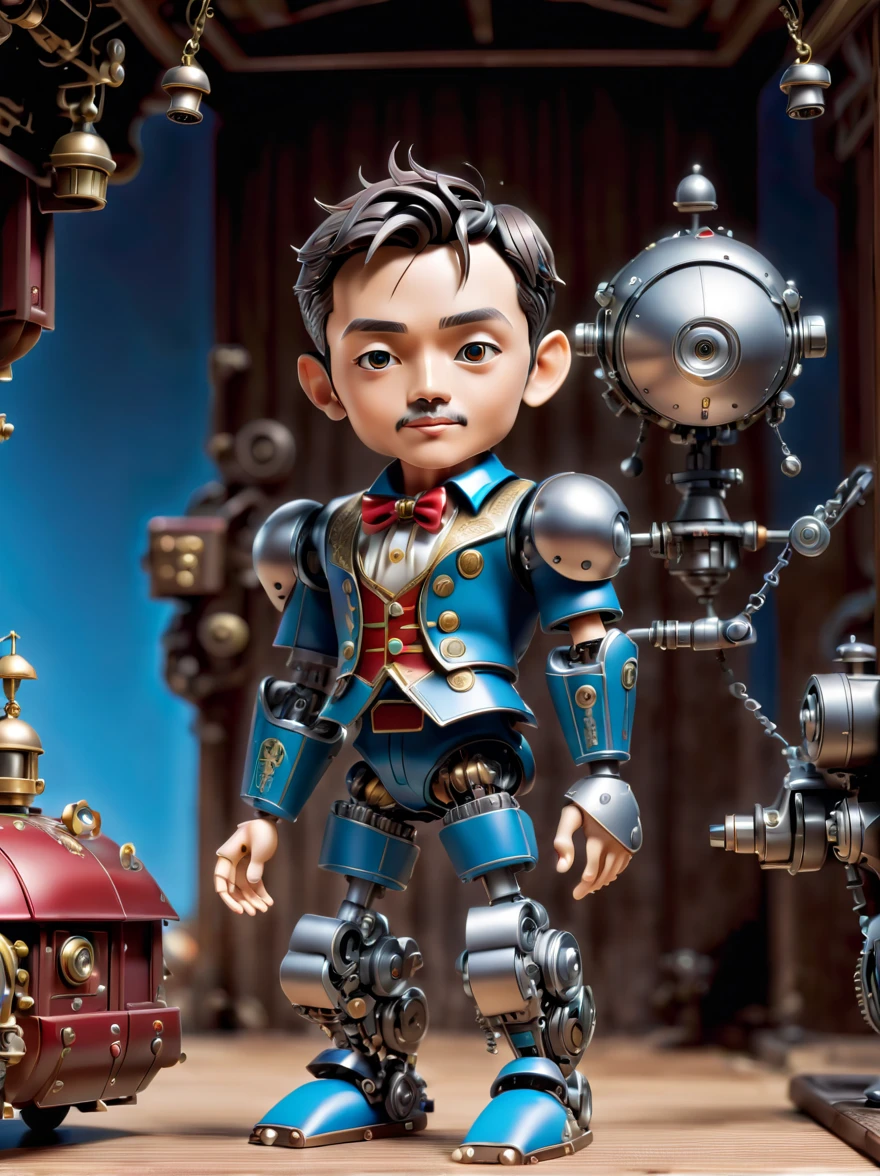 Pixar style,(Blind box toy style:1.2),(full-body shot),three-dimensional,Mechanical feel,cute,boy,mechanical puppet, Pinocchio,Chibi,locomotive,3d style
