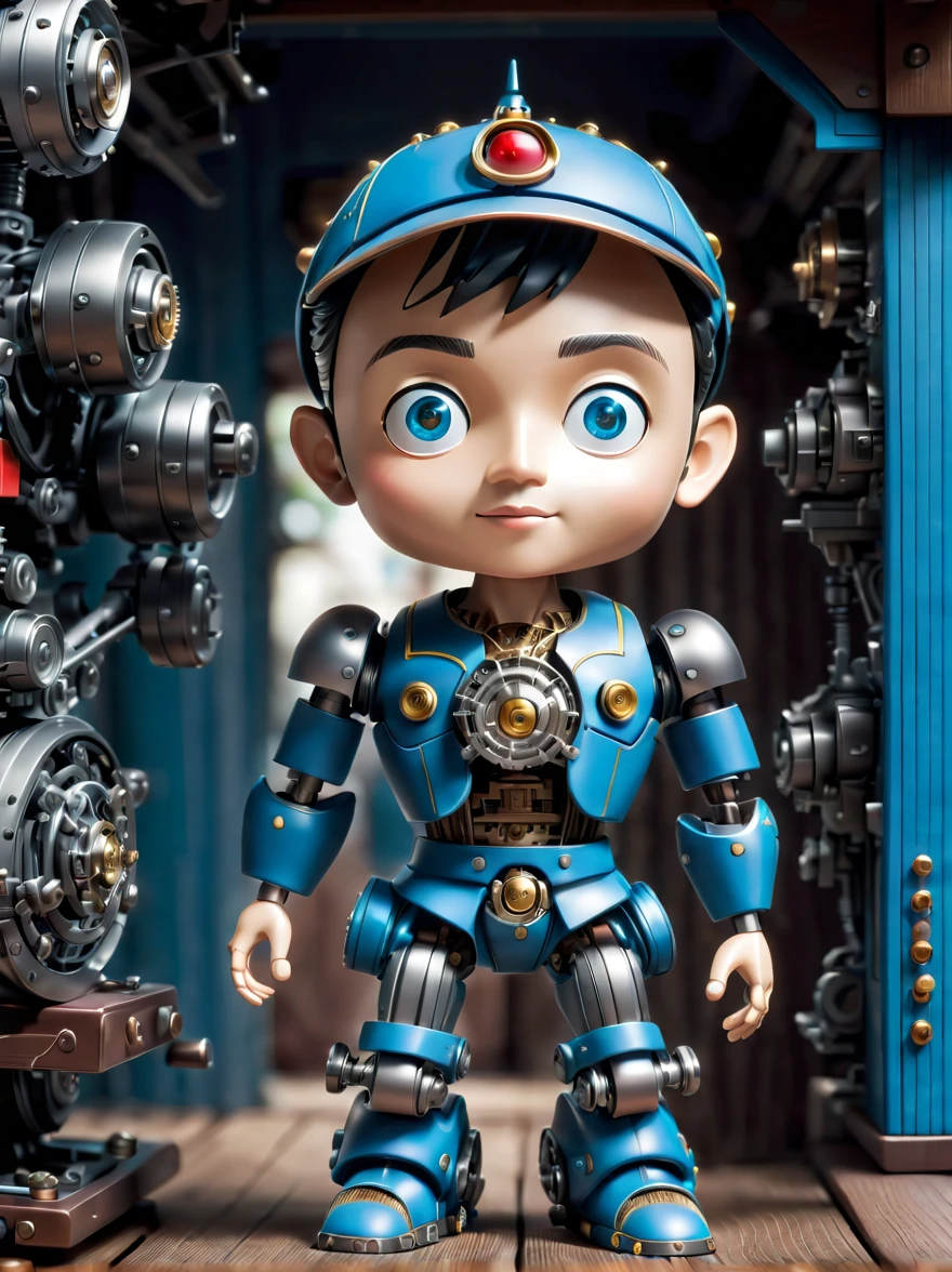 Pixar style,(Blind box toy style:1.2),(full-body shot),three-dimensional,Mechanical feel,cute,boy,mechanical puppet, Pinocchio,Chibi,locomotive,3d style