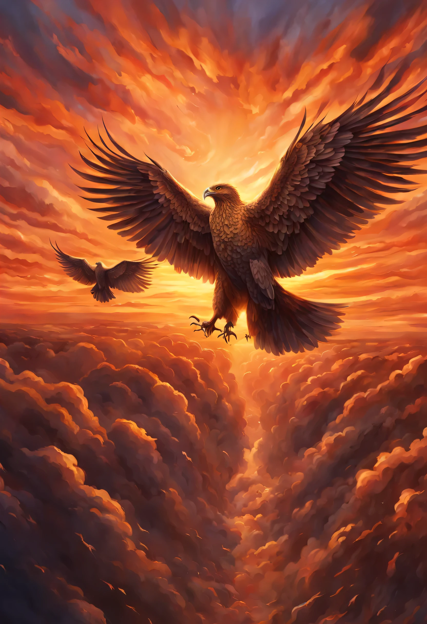 a flock of birds flying in the sky at sunset, phoenix rising, breathtaking art, surrealistic bird, artwork of a phoenix, a surrealistic bird, phoenix rising from the ashes, majestic big dove wings, majestic symmetrical eagle wings, outstretched wings, huginn and muninn flying above, amazing art, eagle wings, amazing depth