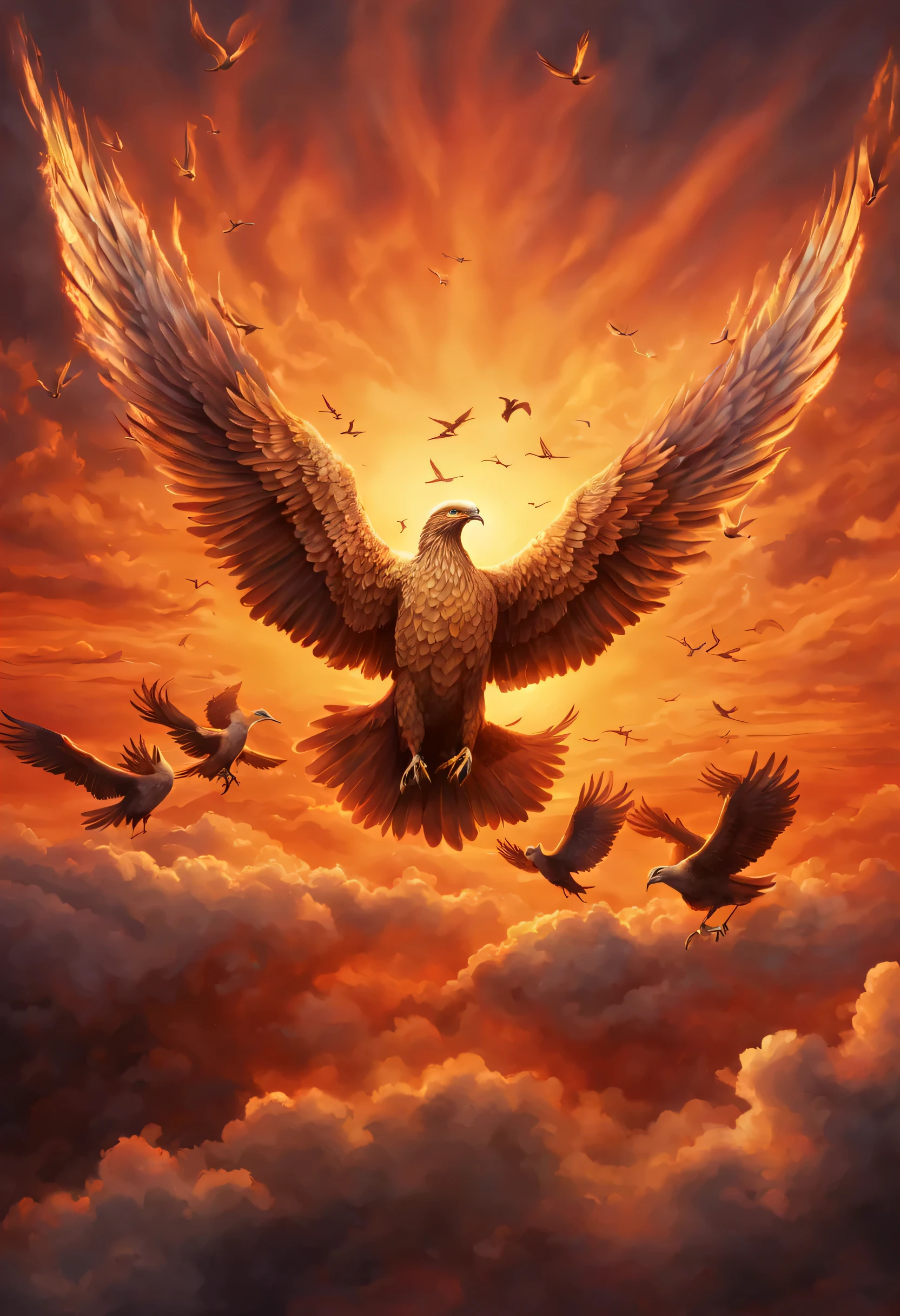 a flock of birds flying in the sky at sunset, phoenix rising, breathtaking art, surrealistic bird, artwork of a phoenix, a surrealistic bird, phoenix rising from the ashes, majestic big dove wings, majestic symmetrical eagle wings, outstretched wings, huginn and muninn flying above, amazing art, eagle wings, amazing depth