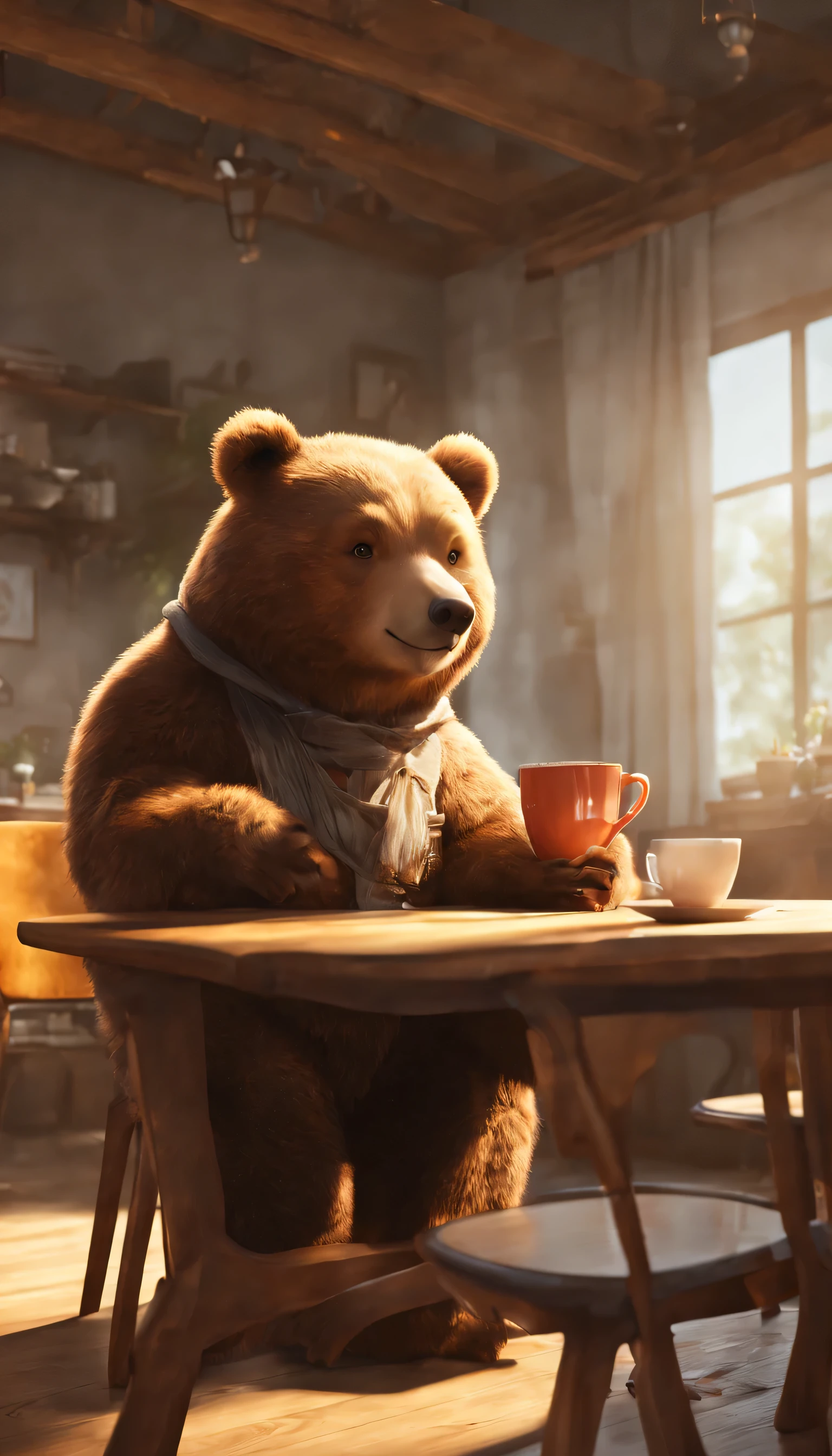 (Highly detailed CG Unity 8k wallpaper、masterpiece、highest quality、Super detailed)、(best lighting、best shadow、very delicate and beautiful)、highest quality、8k、Detailed facial depiction、masterpiece、highest quality、clear image quality、
Cartoon bear is sitting with a coffee cup on the table。