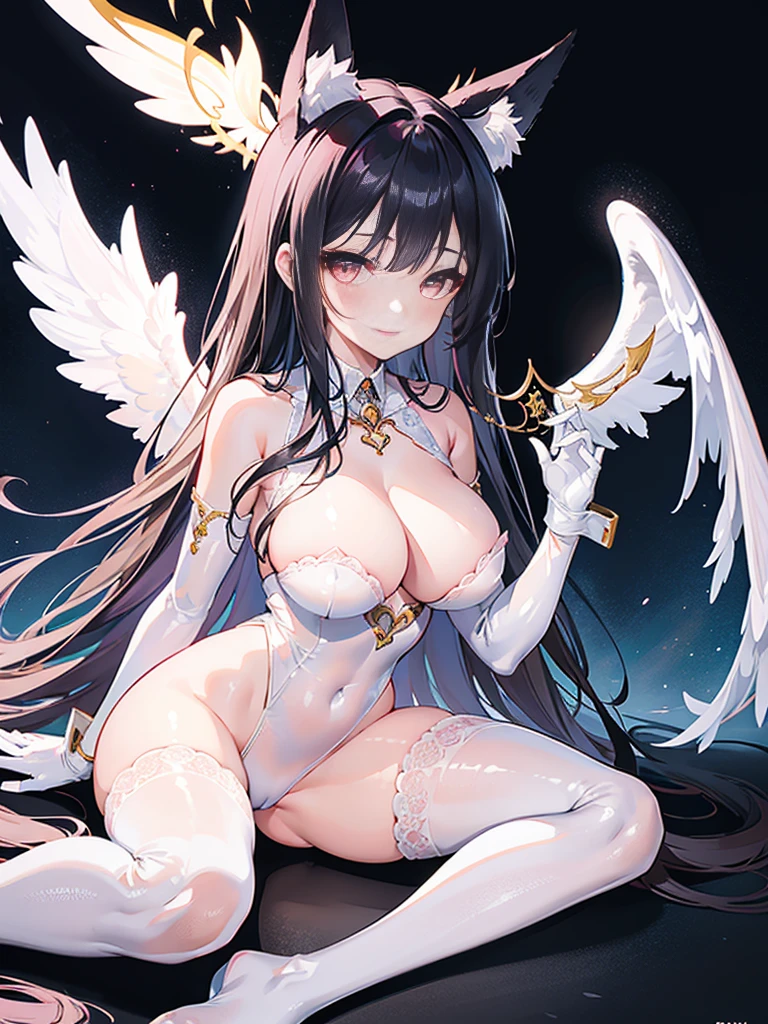 high quality, masterpiece, Super detailed, full body portrait,1 girl, Extremely detailed faces, White lace latex bodysuit,white gloves,angel halo,angel wings,BDSM,handcuffs,collar,calm expression,Smile,handcuffs,collar,long black hair, charming pink eyes, fox ears, Ridiculously big, shiny skin,