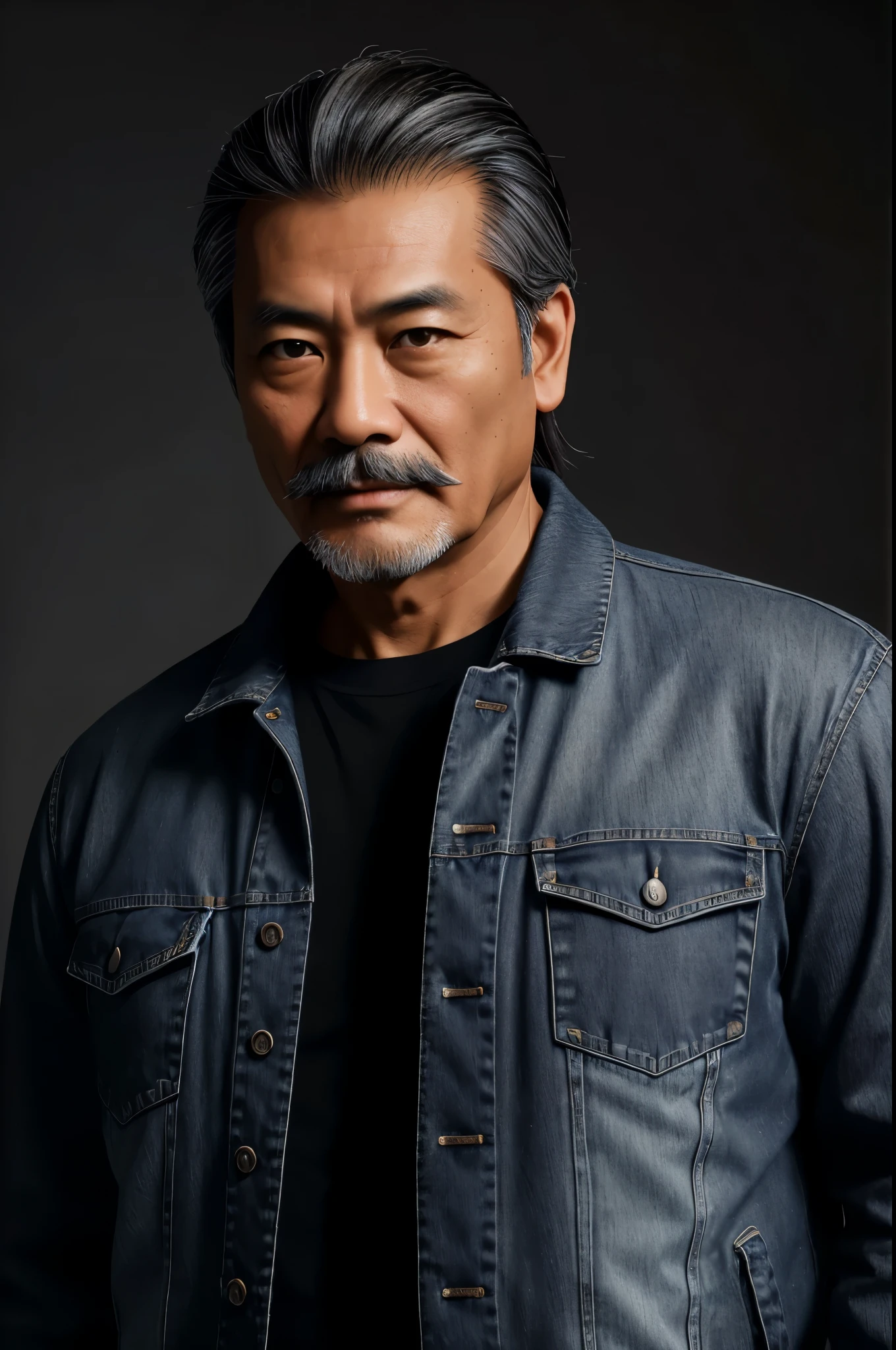 Create a hyper-realistic image of an Asia man aged 55 with long light and wavy brown hair with some gray, standing. The hair mustache and beard are sparse. Split light fell on his face. The character wears casual modern clothing such as a jeans jacket. The background of the image is black. Make the image intricately hyper-realistic and detailed
