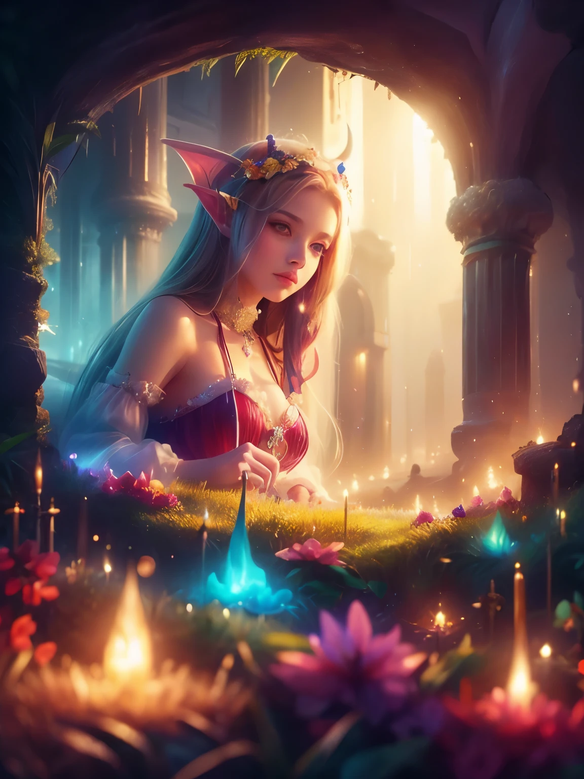 (Best quality, 4k, High-resolution, Masterpiece:1.2), Ultra-detailed, Realistic, Radiant lighting, Epoch Elves, Portraits, Fantastical colors, Fine art, Ethereal beings, Dreamlike, Whimsical creatures, Detailed facial features, Glowing eyes, Elven beauties, Ethereal glow, Mythical creatures, Harmonious composition, Dazzling colors, Stunning visual effects, Otherworldly appearance, Mesmerizing artistry, 