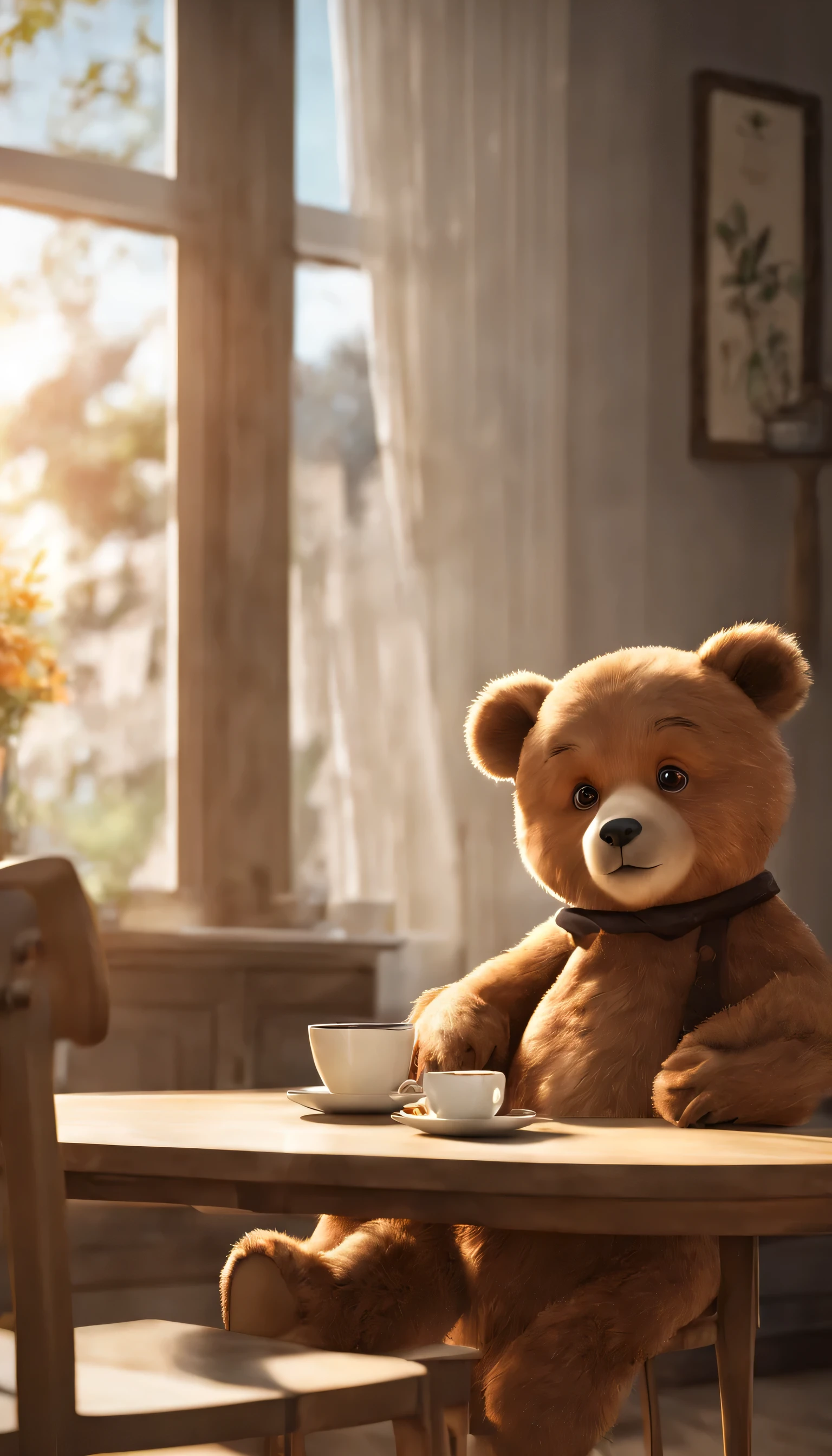 (Highly detailed CG Unity 8k wallpaper、masterpiece、highest quality、Super detailed)、(best lighting、best shadow、very delicate and beautiful)、highest quality、8k、Detailed facial depiction、masterpiece、highest quality、clear image quality、
Cartoon bear is sitting with a coffee cup on the table。