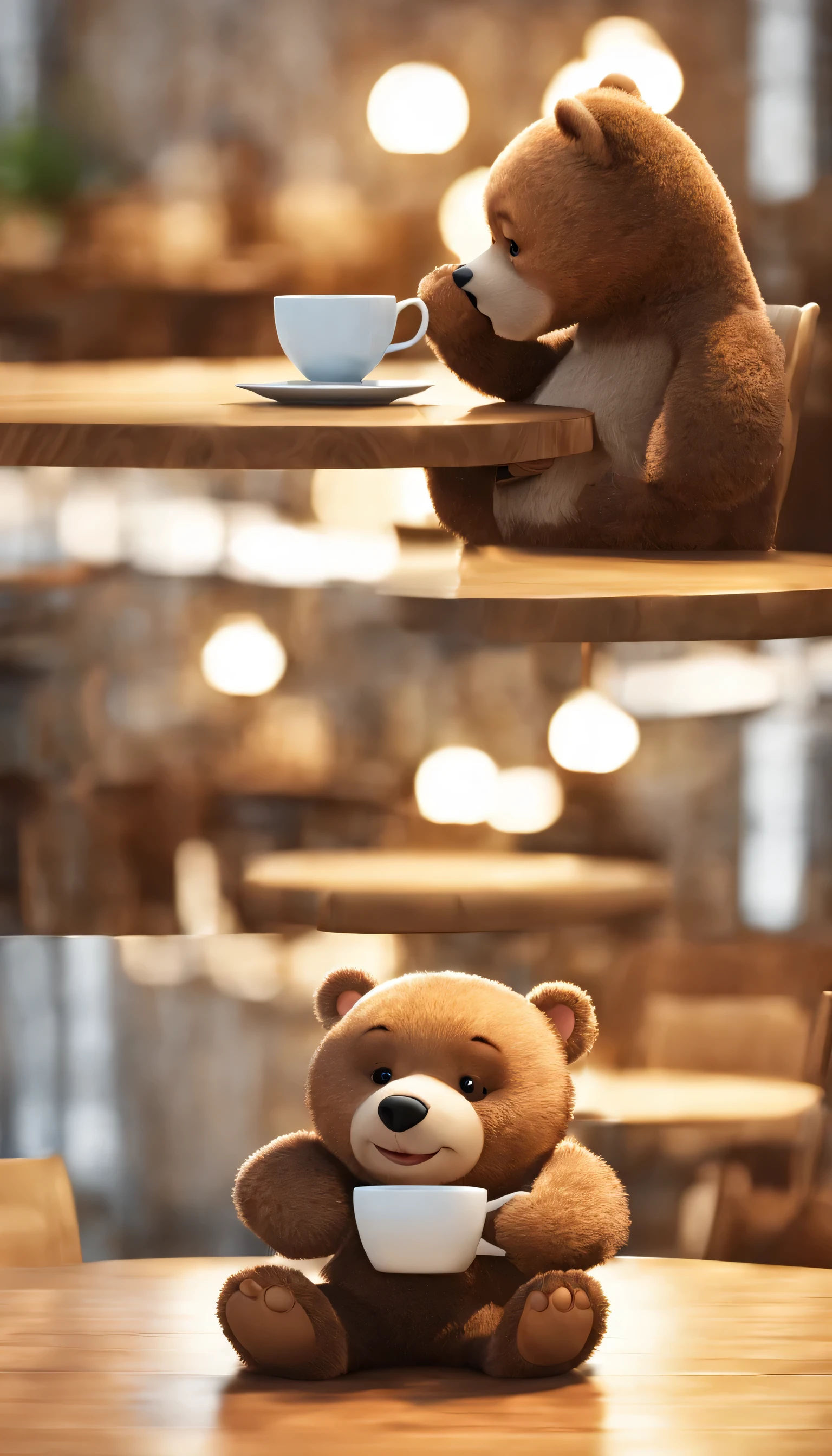 (Highly detailed CG Unity 8k wallpaper、masterpiece、highest quality、Super detailed)、(best lighting、best shadow、very delicate and beautiful)、highest quality、8k、Detailed facial depiction、masterpiece、highest quality、clear image quality、
Cartoon bear is sitting with a coffee cup on the table。