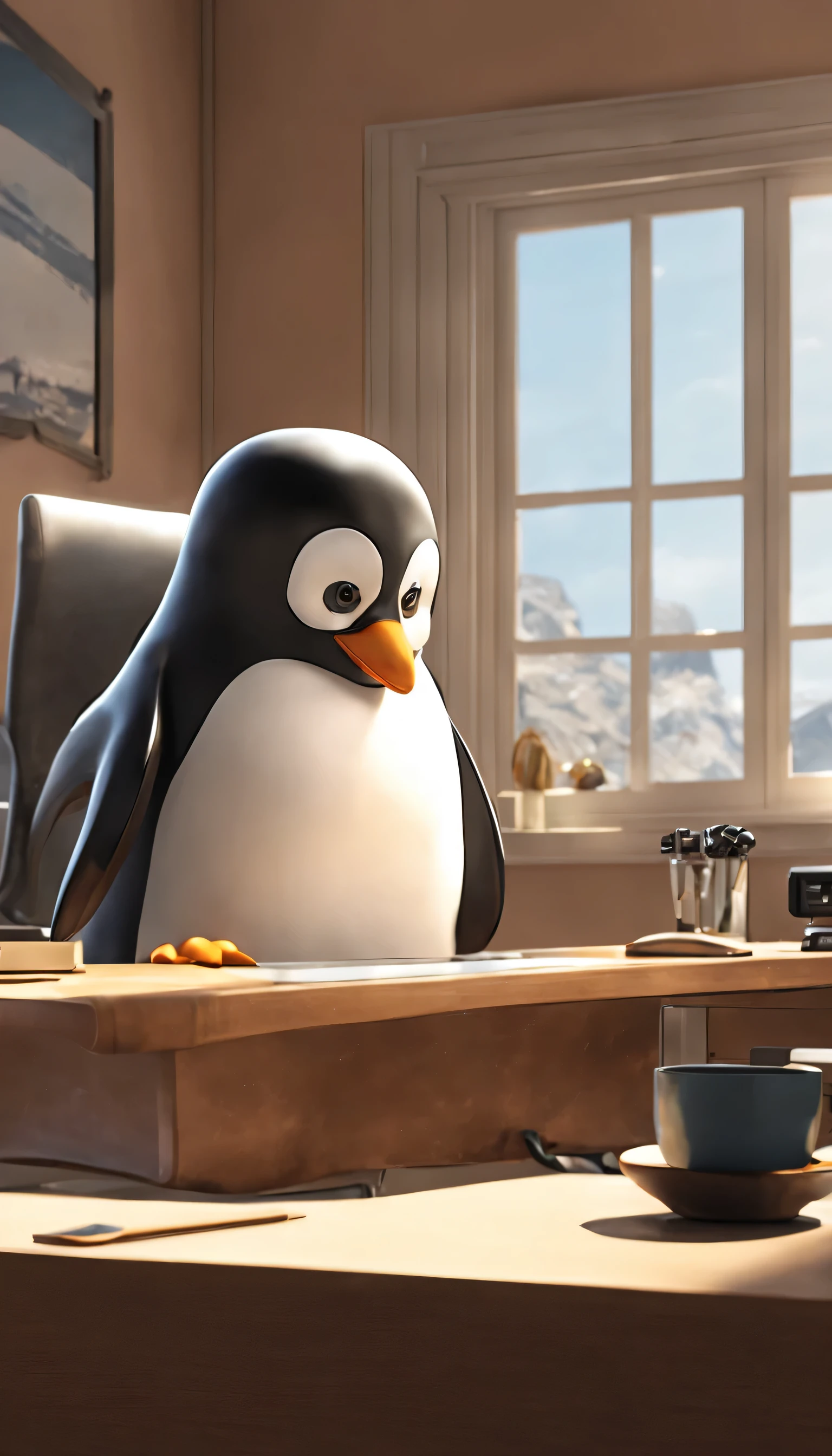 (Highly detailed CG Unity 8k wallpaper、masterpiece、highest quality、Super detailed)、(best lighting、best shadow、very delicate and beautiful)、highest quality、8k、Detailed facial depiction、masterpiece、highest quality、clear image quality、
A cartoon penguin is using a computer at a desk。